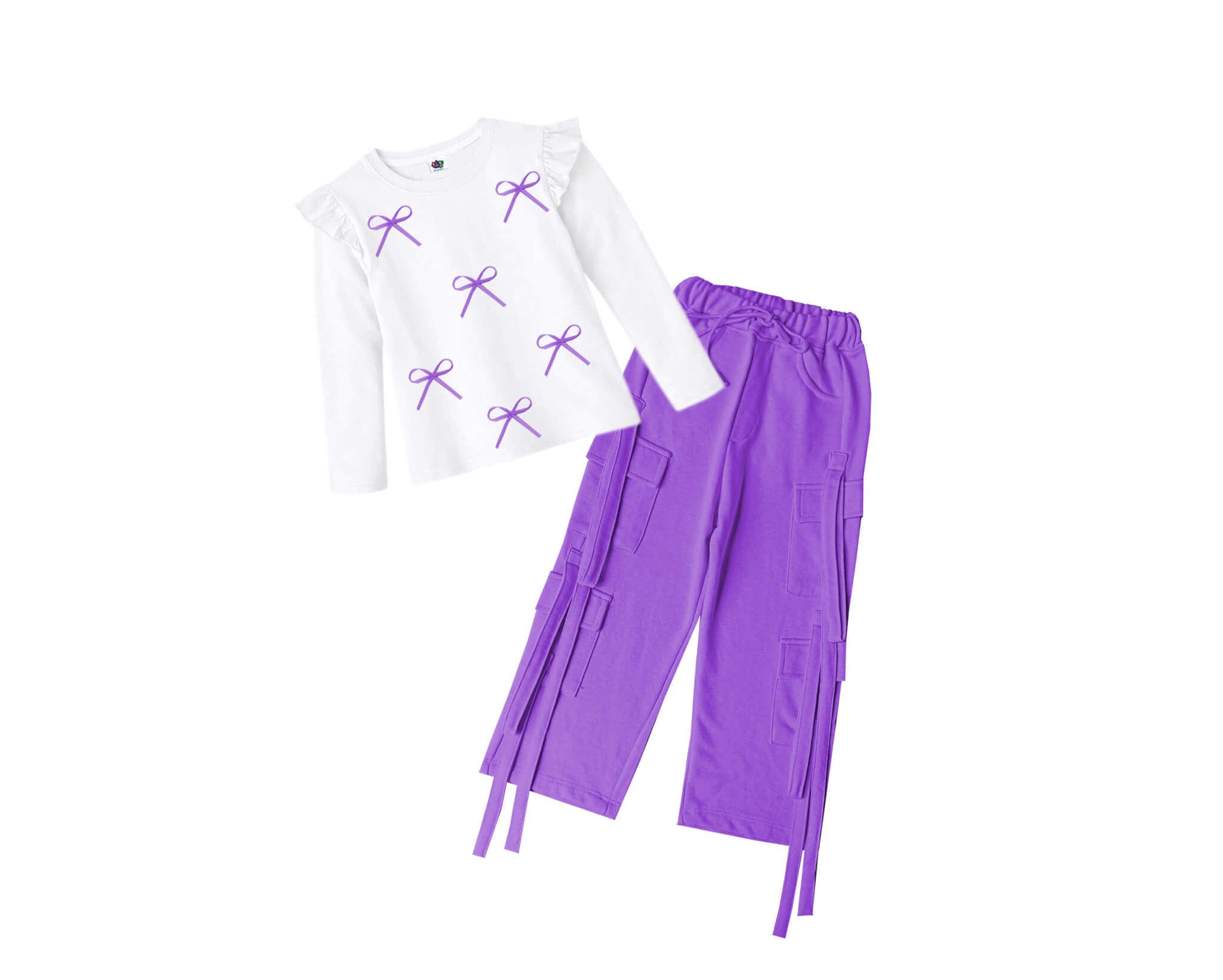 Little Plum Ribbons  Bow Full sleeves Tee &amp; Cargo Terry Trouser - White &amp; Plum