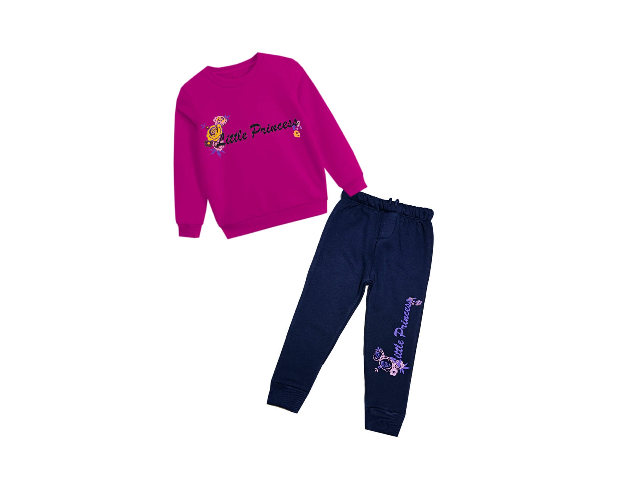 Little Princes Flowers Fleece Tracksuit - Shocking Pink &amp; Navy Blue