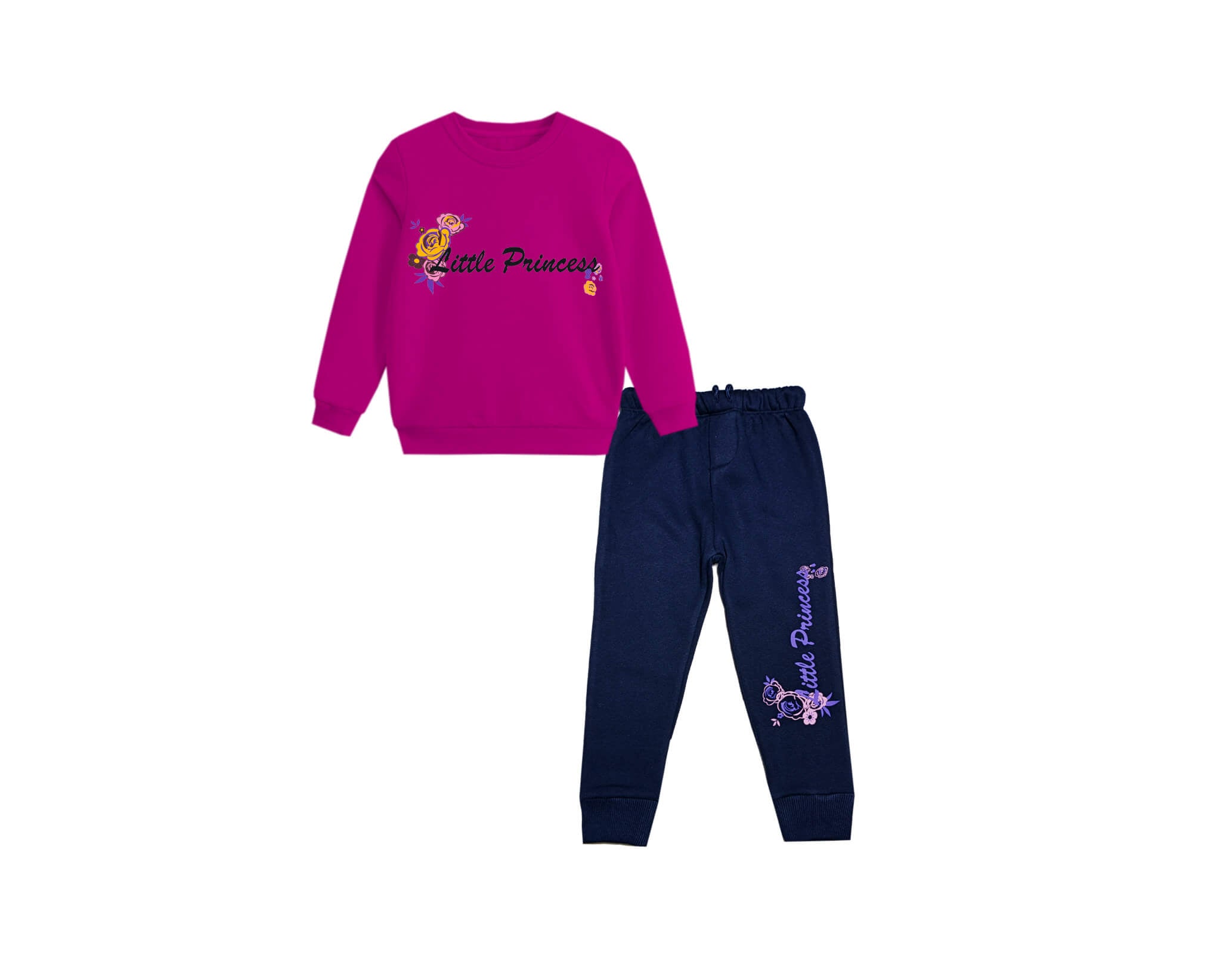 Little Princes Flowers Fleece Tracksuit - Shocking Pink &amp; Navy Blue