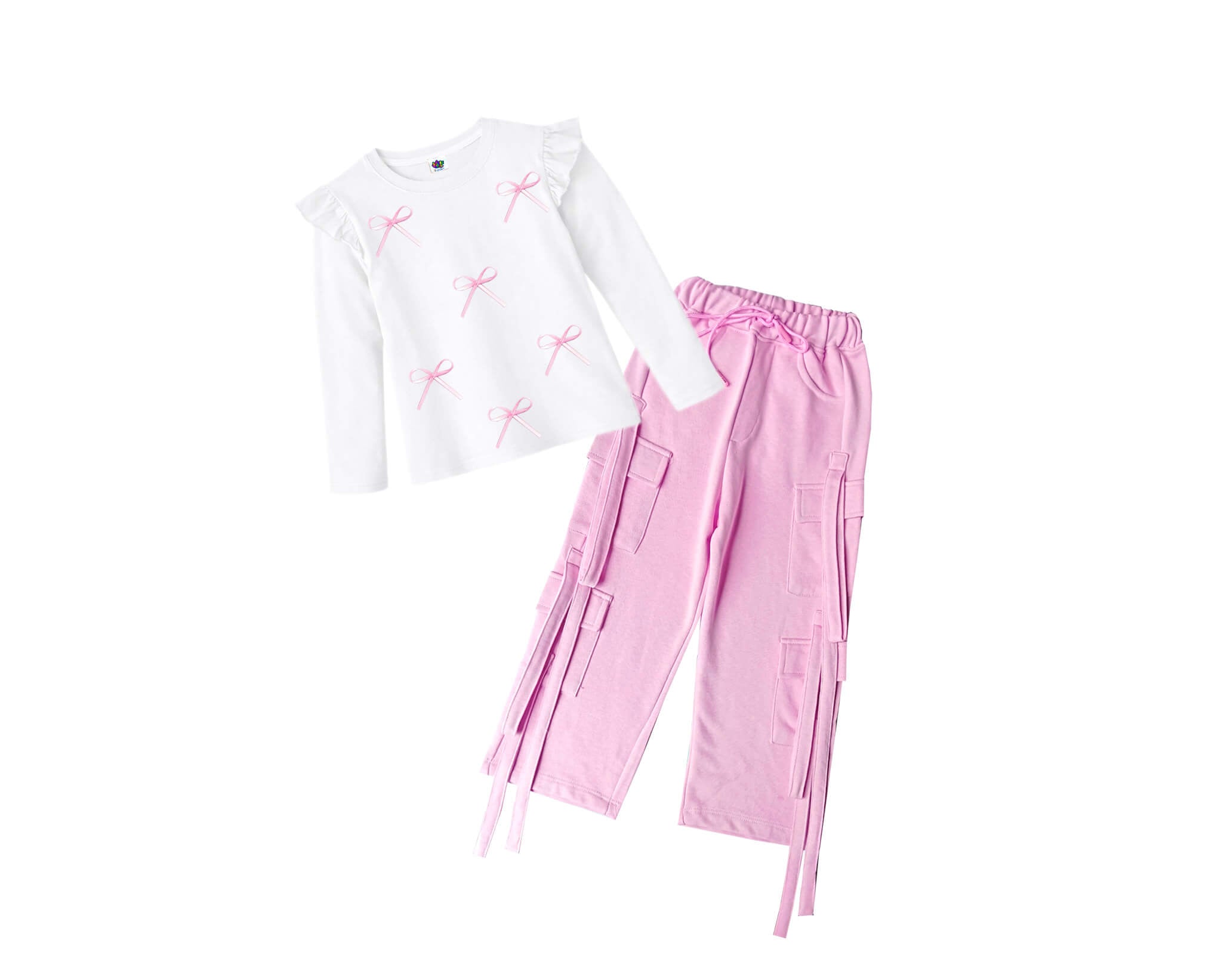 Little Red Ribbons  Bow Full sleeves Tee &amp; Cargo Terry Trouser - White &amp; Baby Pink
