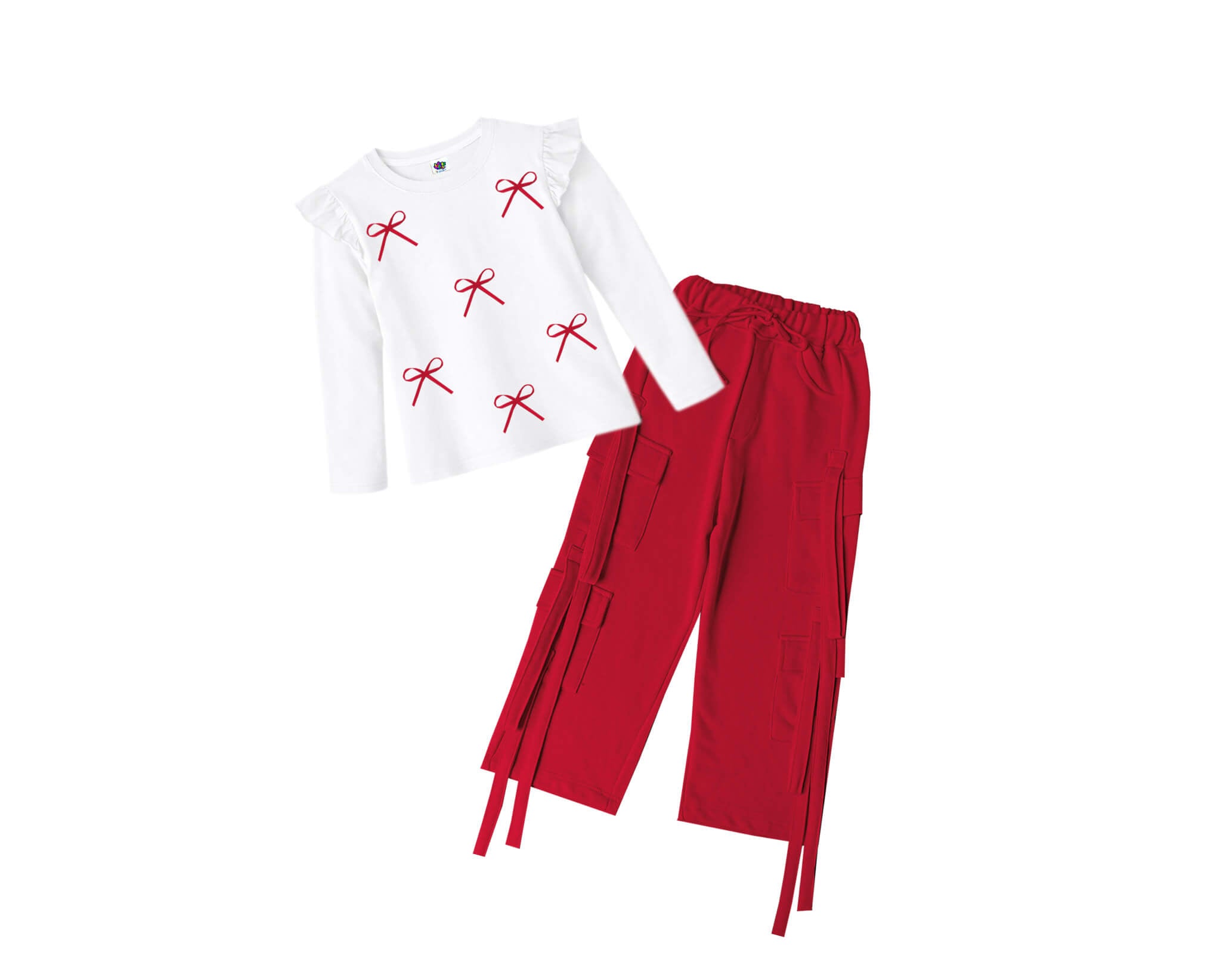 Little Red Ribbons  Bow Full sleeves Tee &amp; Cargo Terry Trouser - White &amp; Red