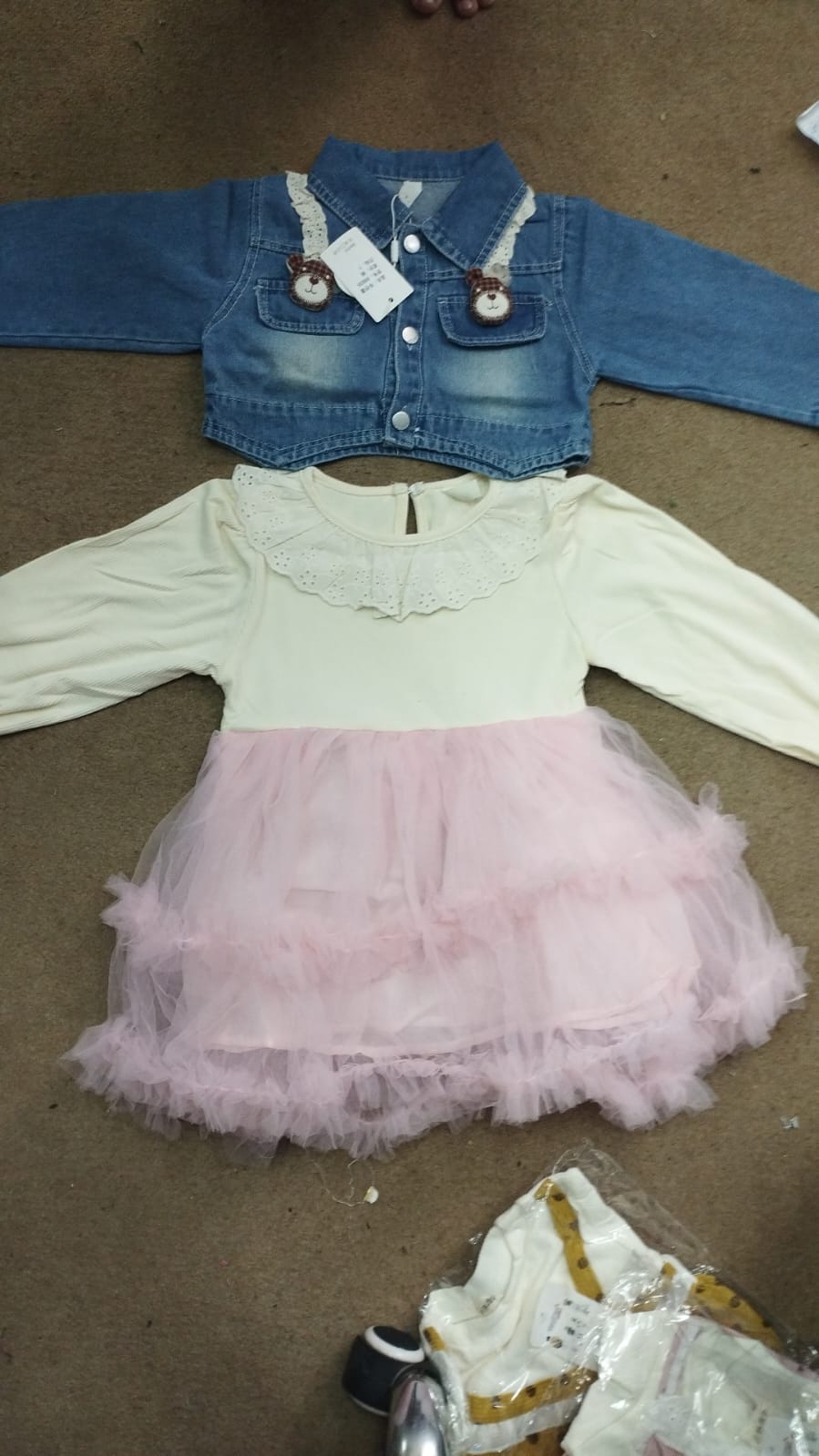 Little Bear Denim Crop Jacket & Blush Mesh Frock Set - Blue & Pink