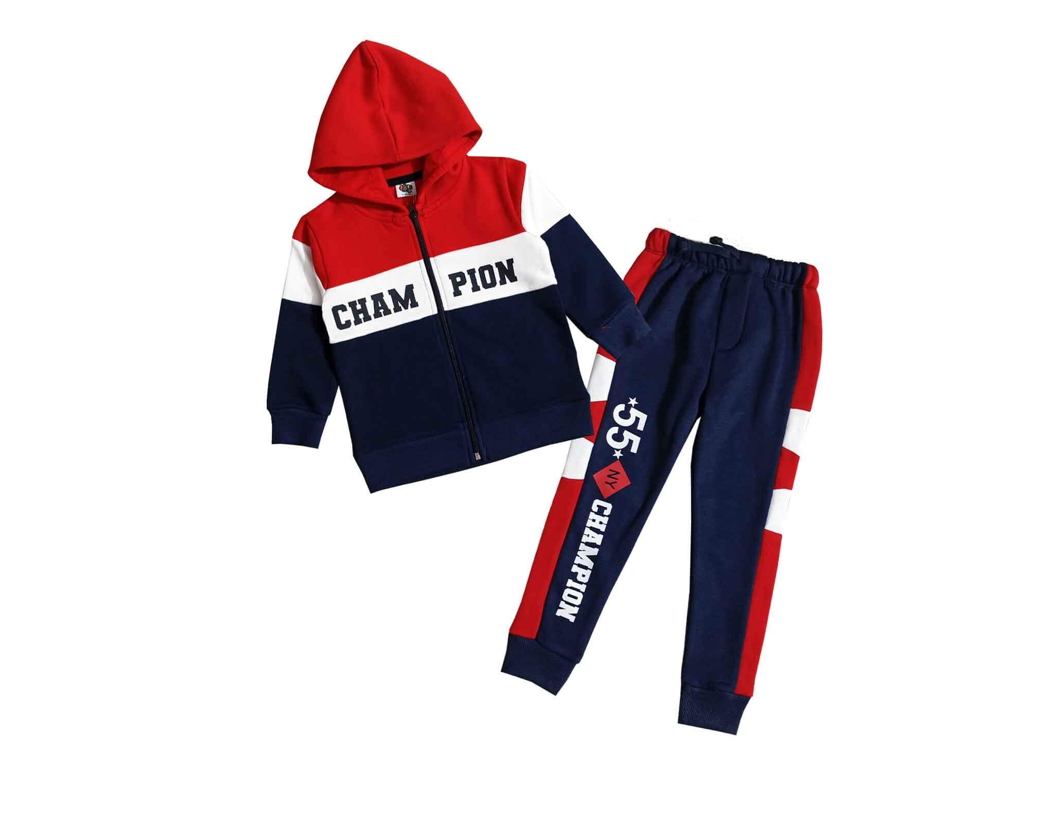 Little Champion Hoodie Penal Fleece Tracksuit - Red & Navy-1