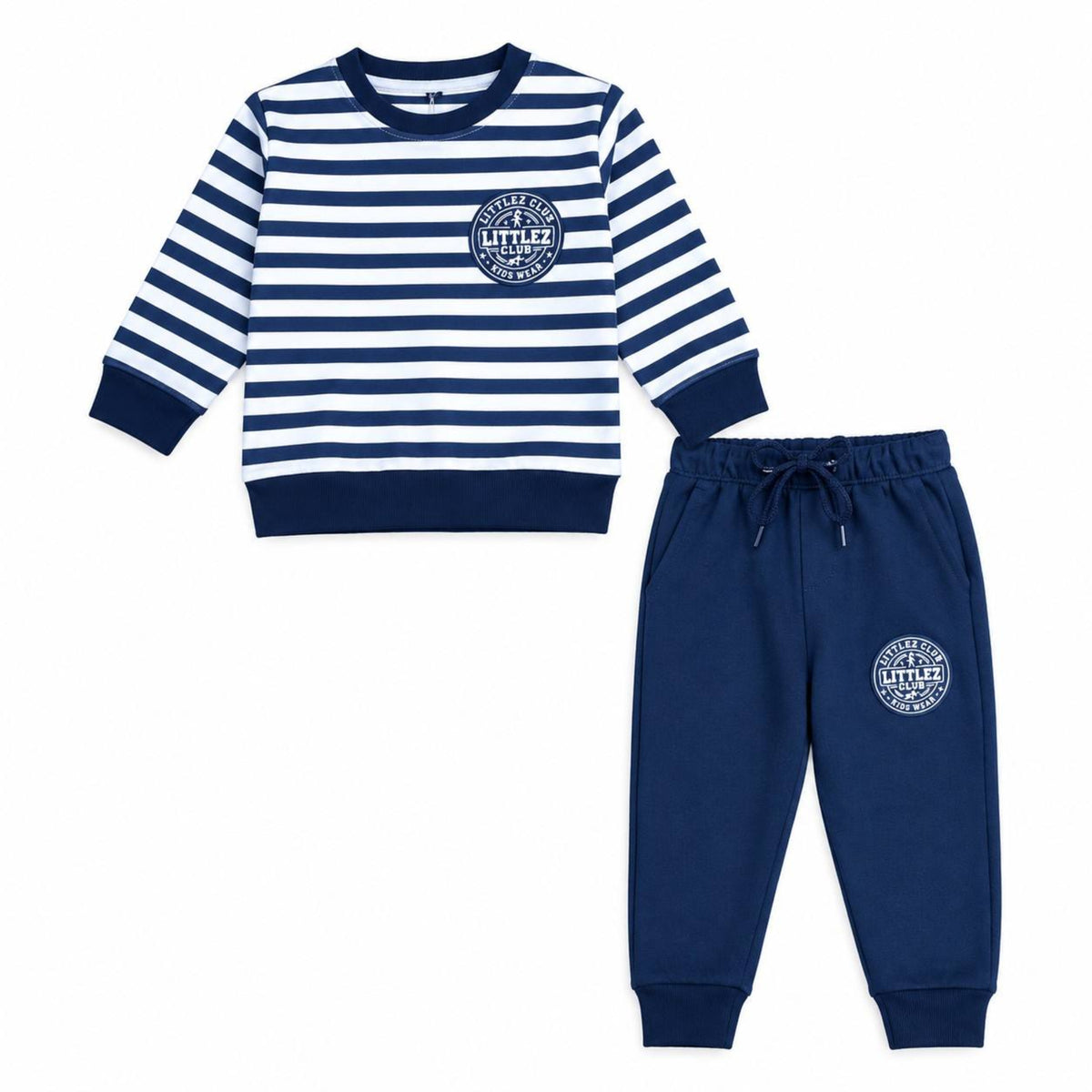 Little Club Logo Navy Striped Fleece Tracksuit - Navy Blue