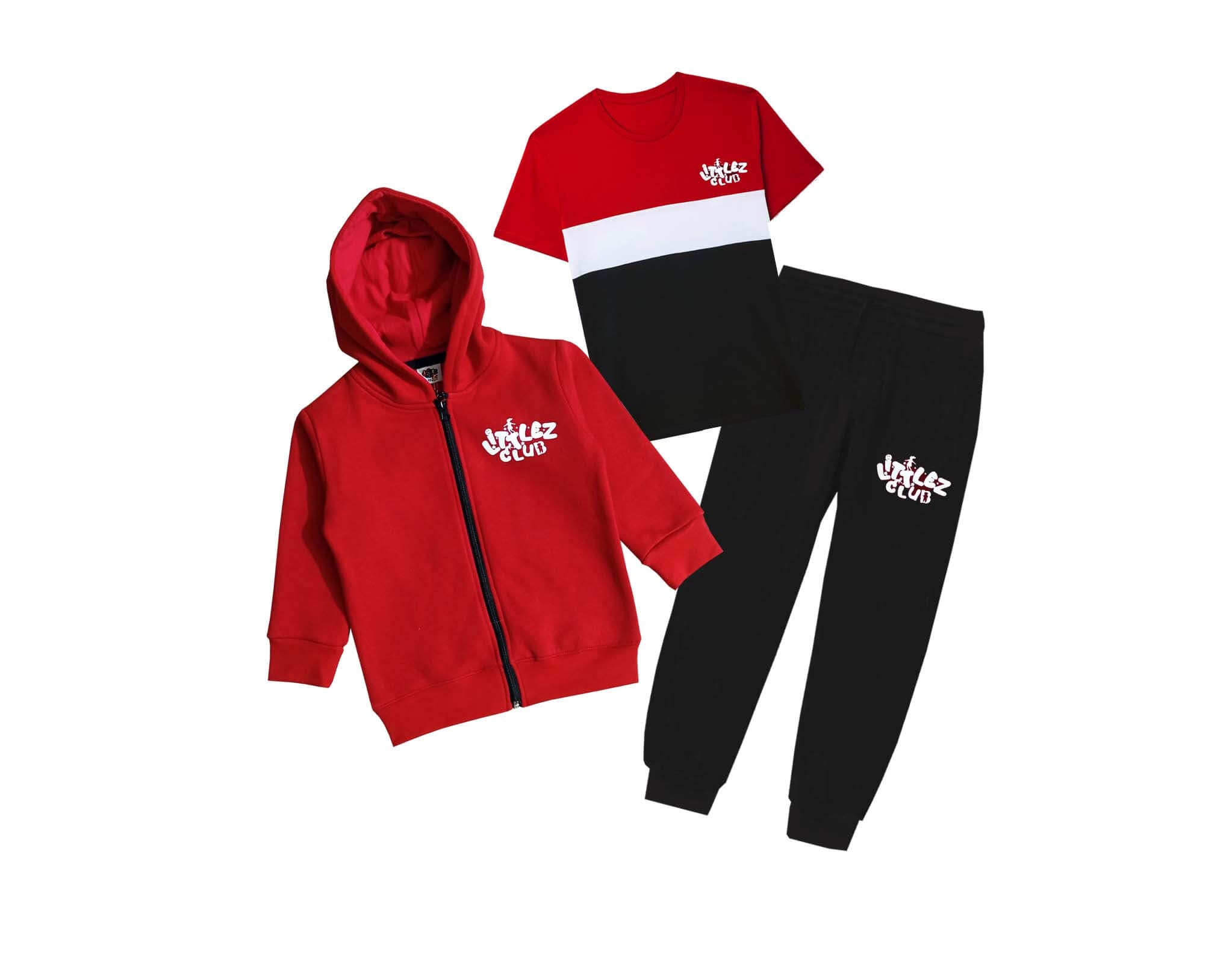Littlez Club Premium 3 Pcs Hoodie Tracksuit - Red &amp; Black