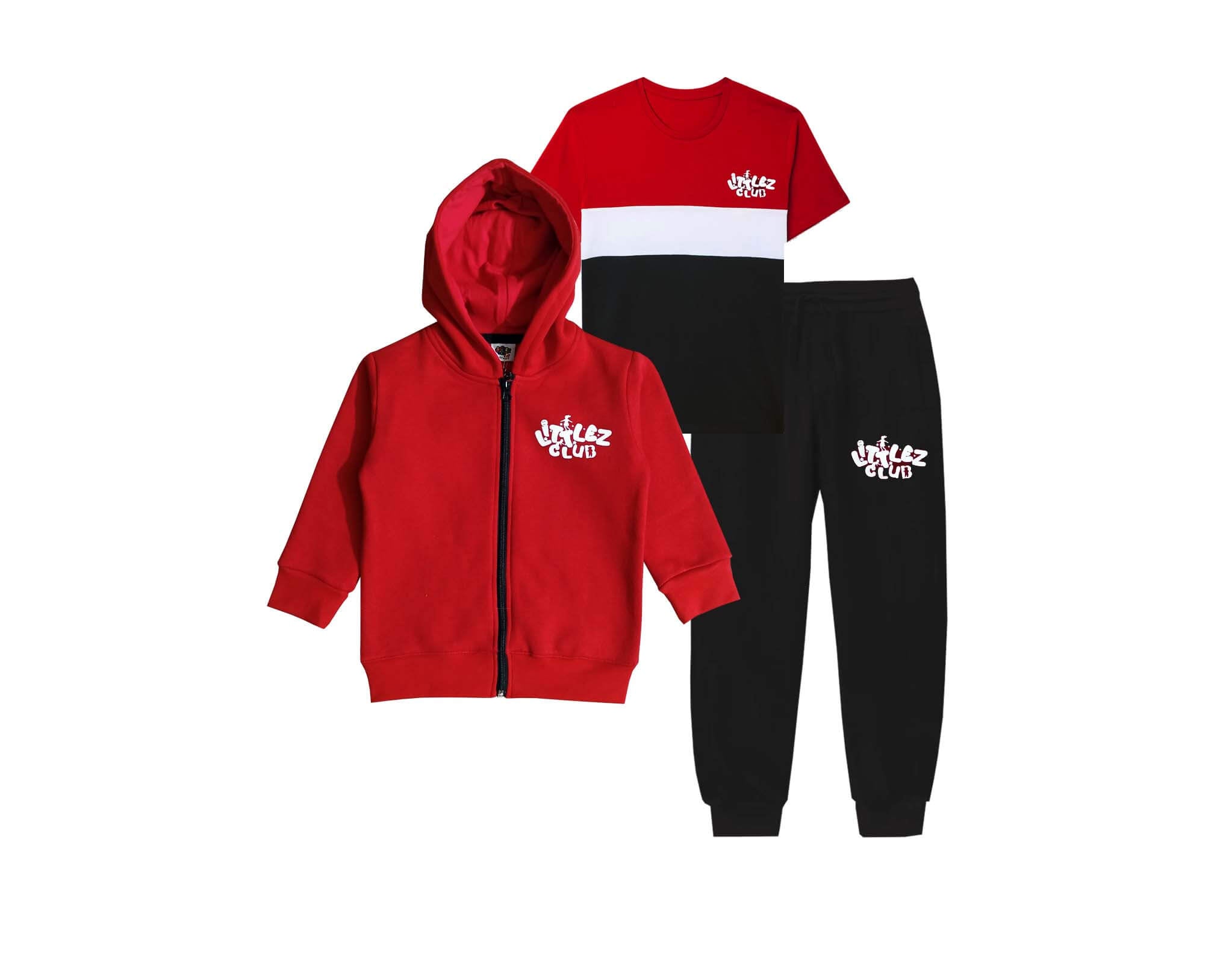 Littlez Club Premium 3 Pcs Hoodie Tracksuit - Red &amp; Black