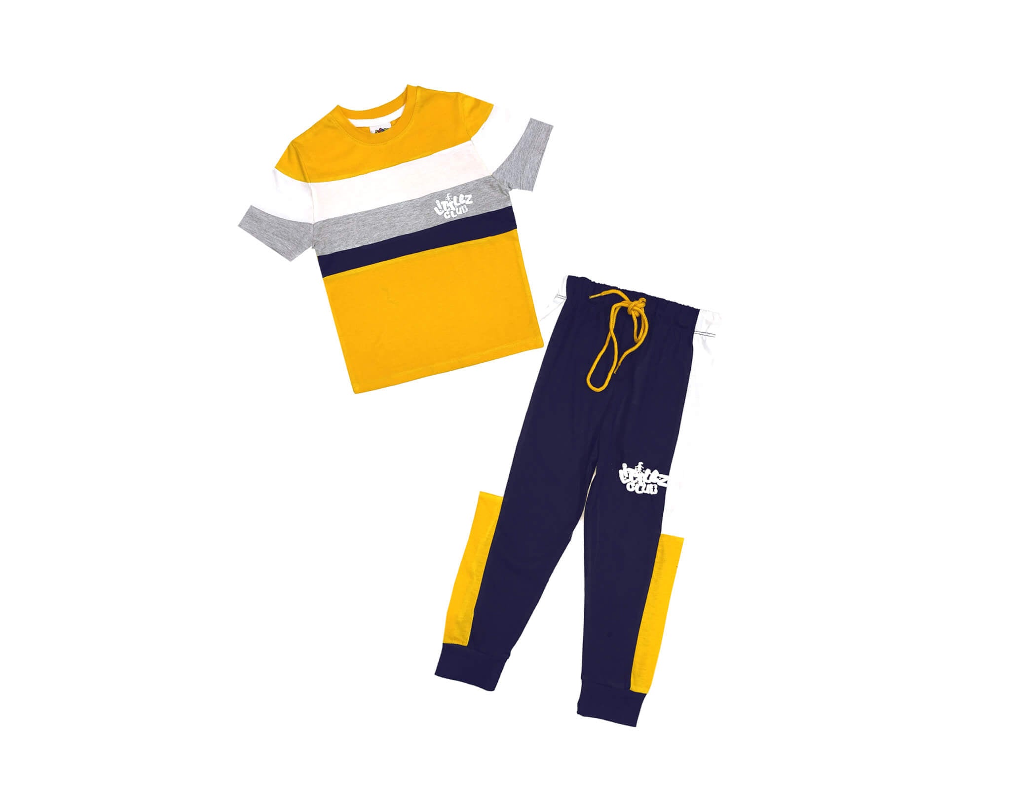 Littlez Club White Panel Tee Shirt &amp; Trouser- Navy Blue &amp; Yellow