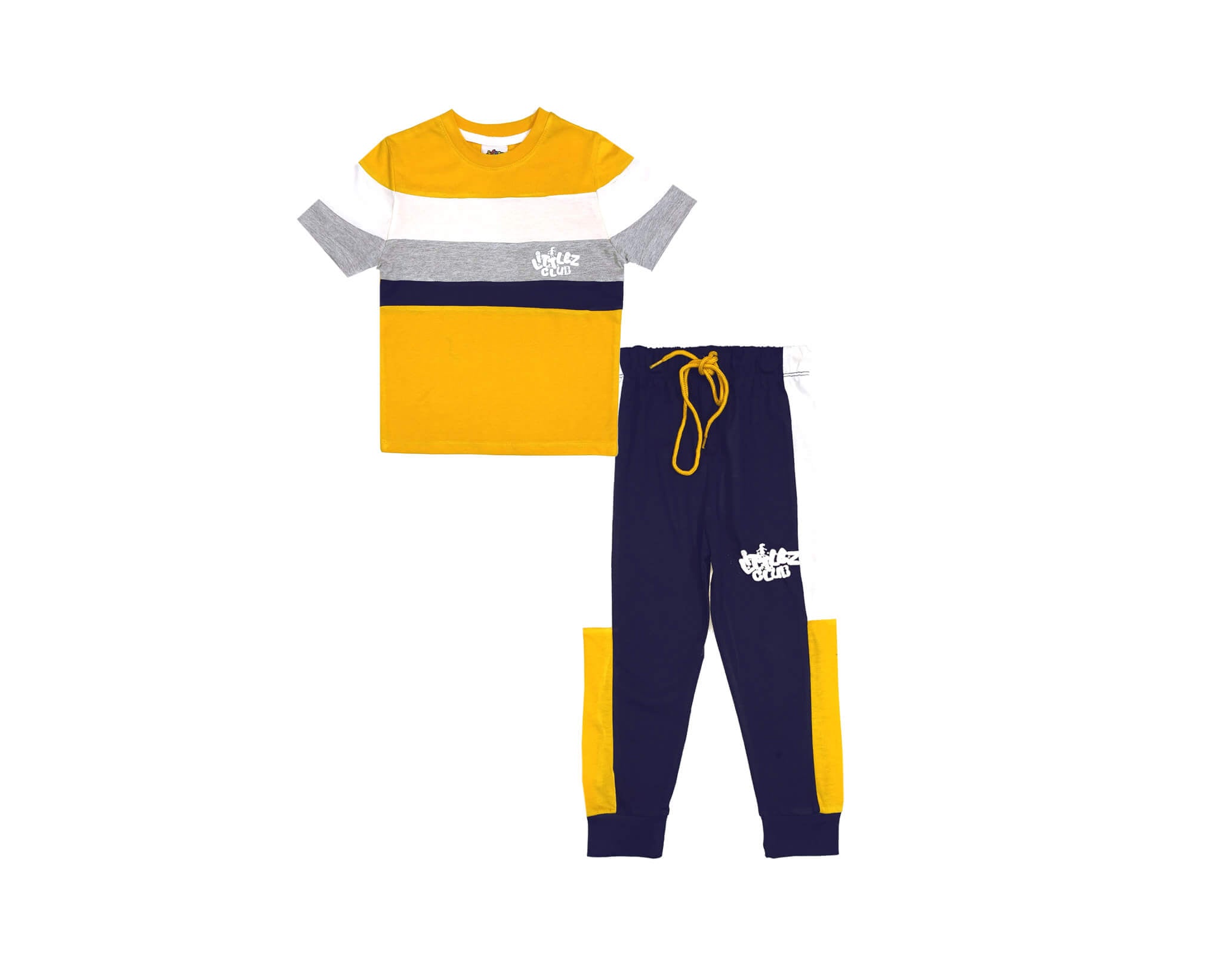 Littlez Club White Panel Tee Shirt &amp; Trouser- Navy Blue &amp; Yellow