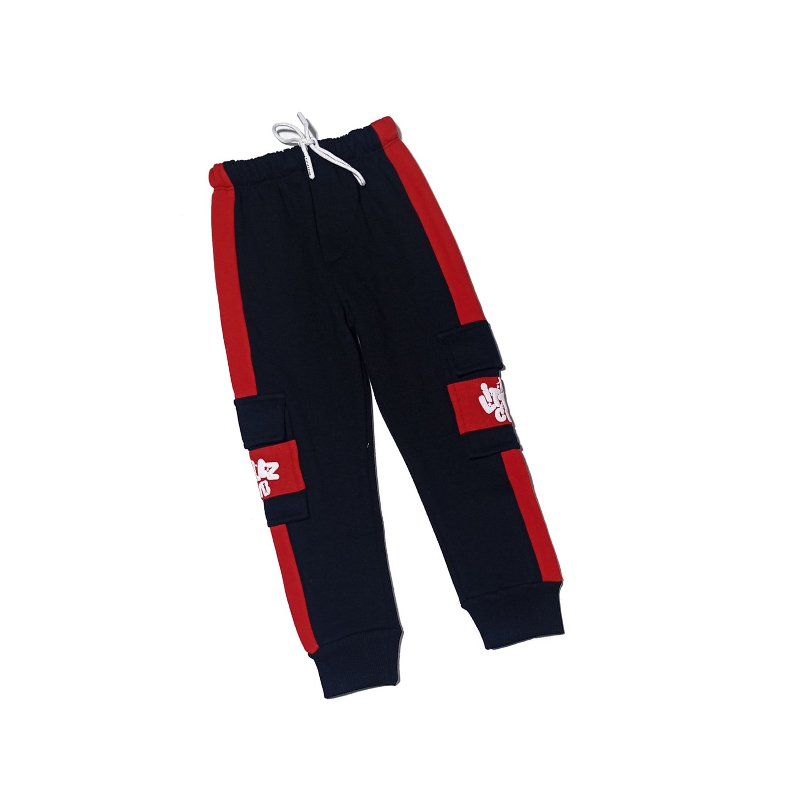 Littlez Club Kids Trendy Penal Flap Side Pockets-Fleece-Trouser-Black-Red