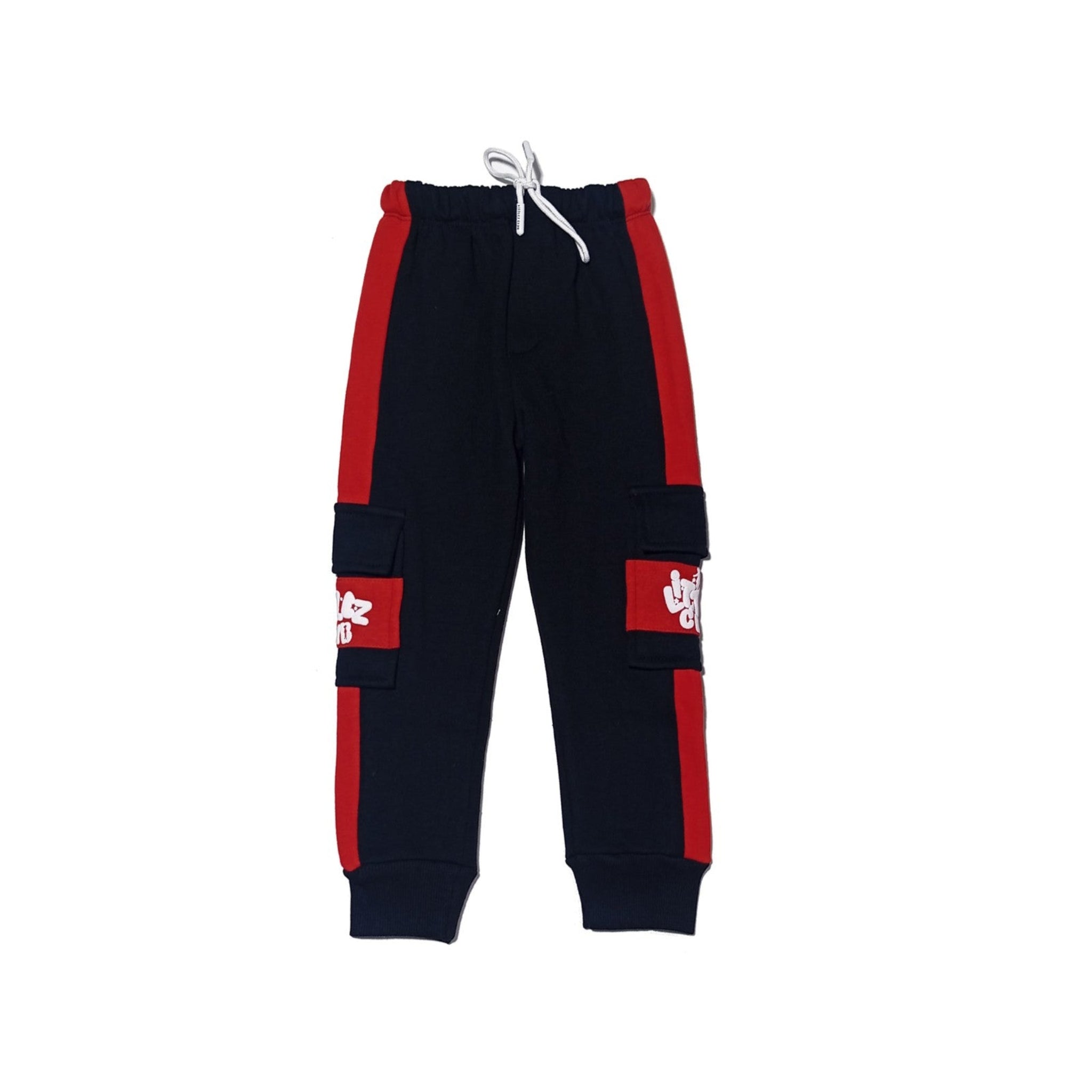 Littlez Club Kids Trendy Penal Flap Side Pockets-Fleece-Trouser-Black-Red