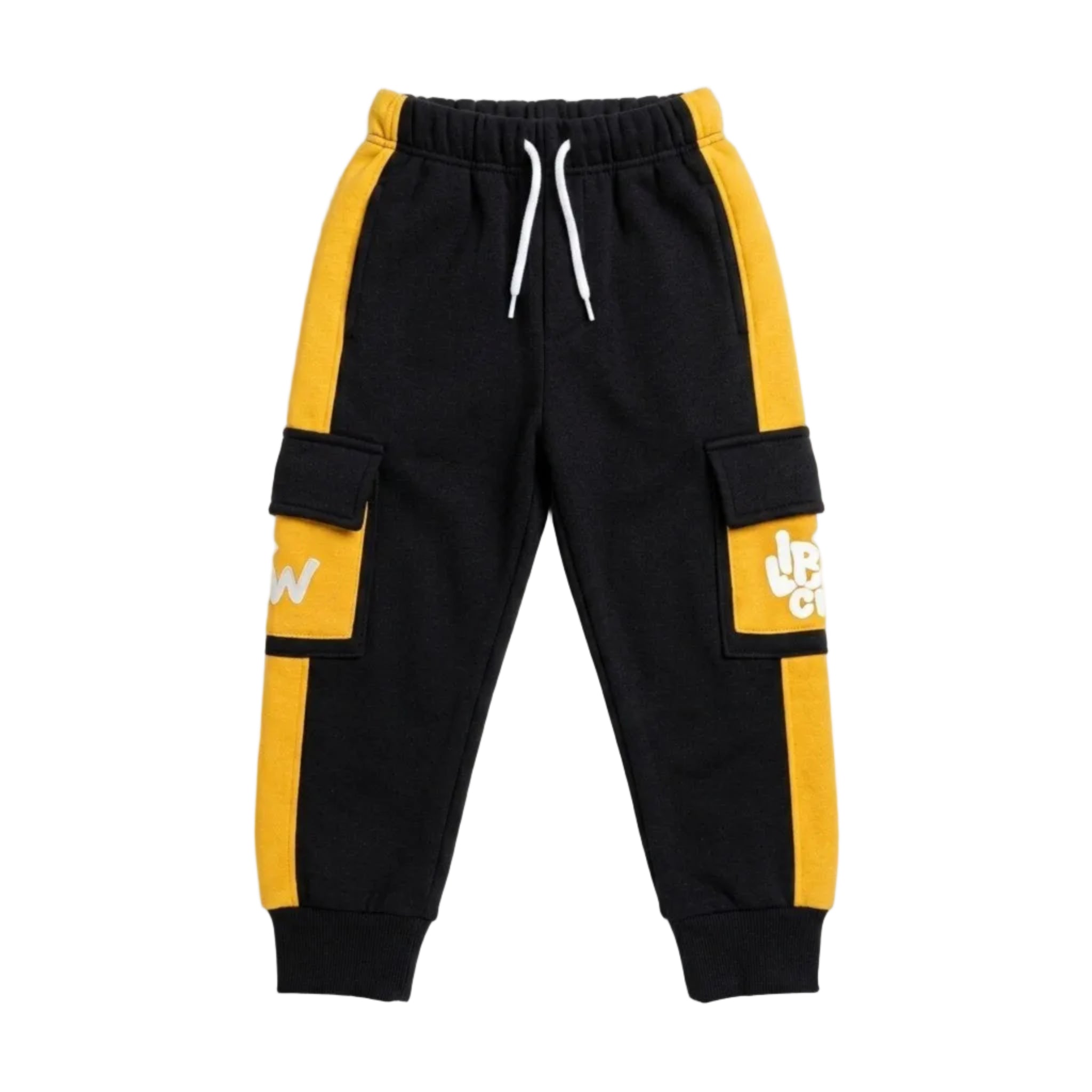 Littlez Club Kids Trendy Penal Flap Side Pockets-Fleece Trouser-Yellow & Black