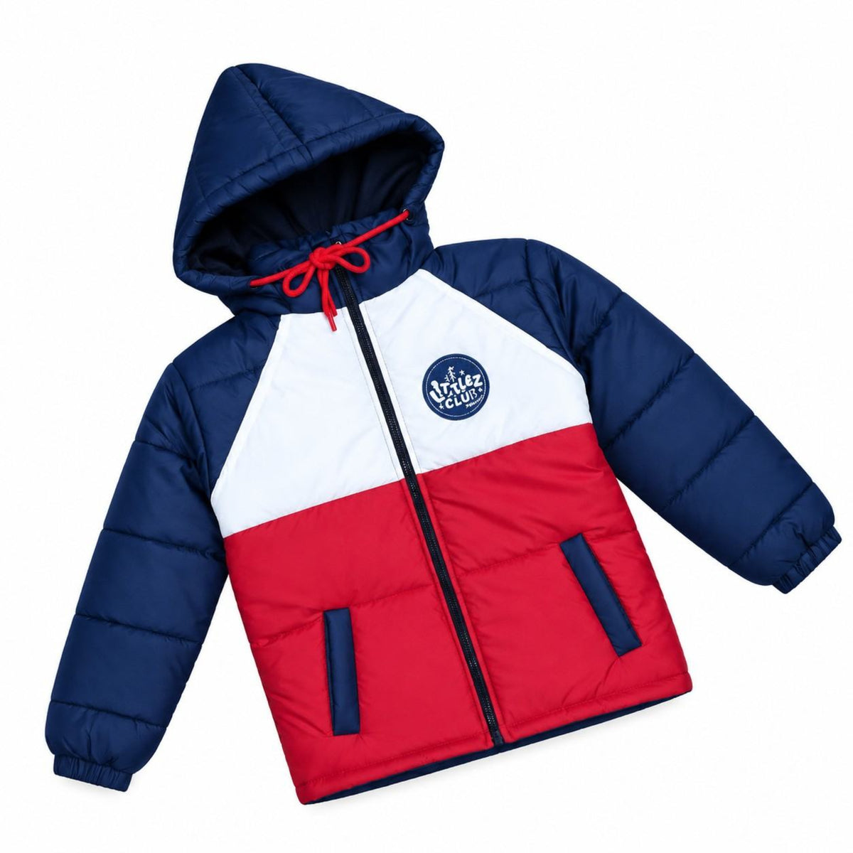 Littlez Club Logo Penal Puffer Full Sleeve Jacket - White Red & Navy
