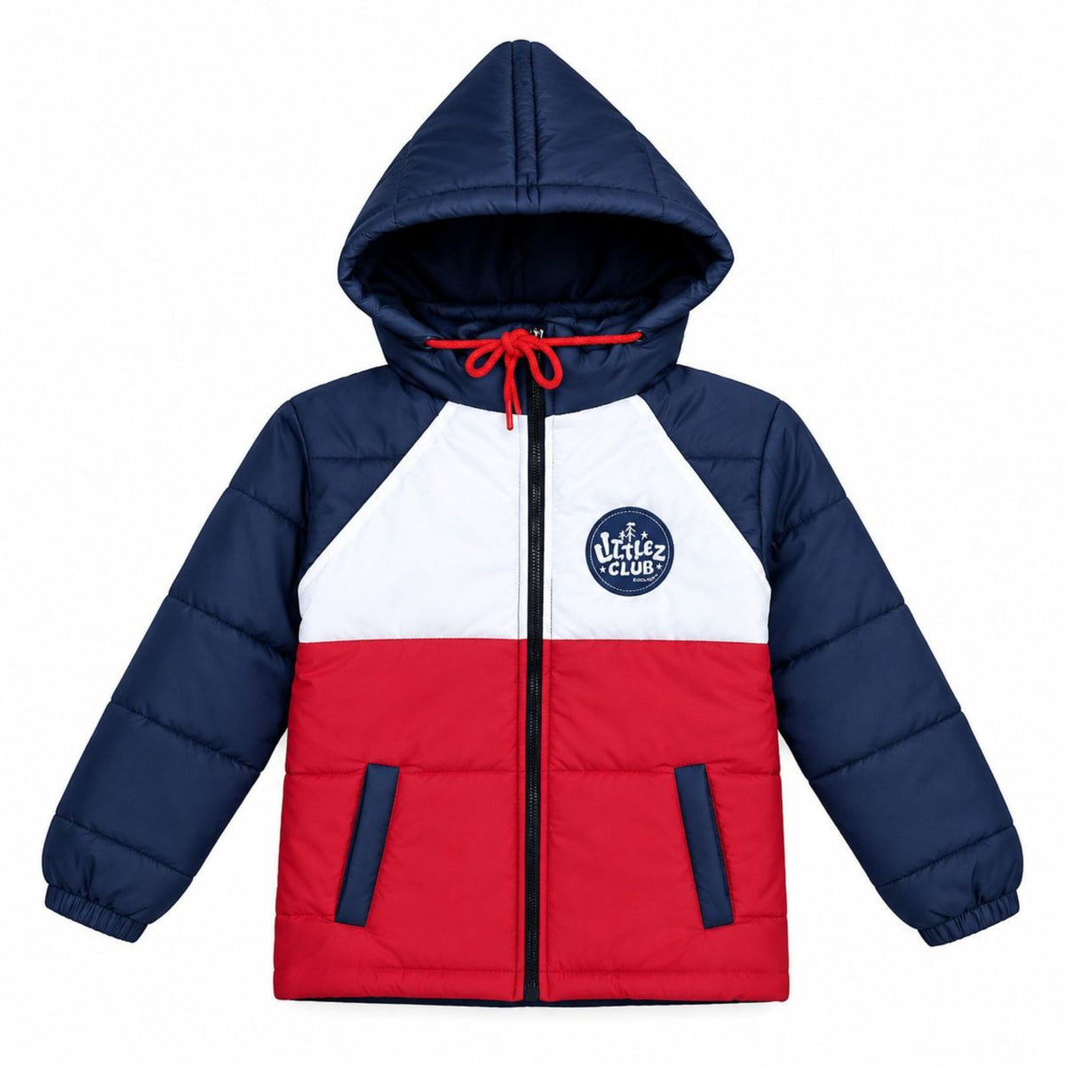 Littlez Club Logo Penal Puffer Full Sleeve Jacket - White Red & Navy