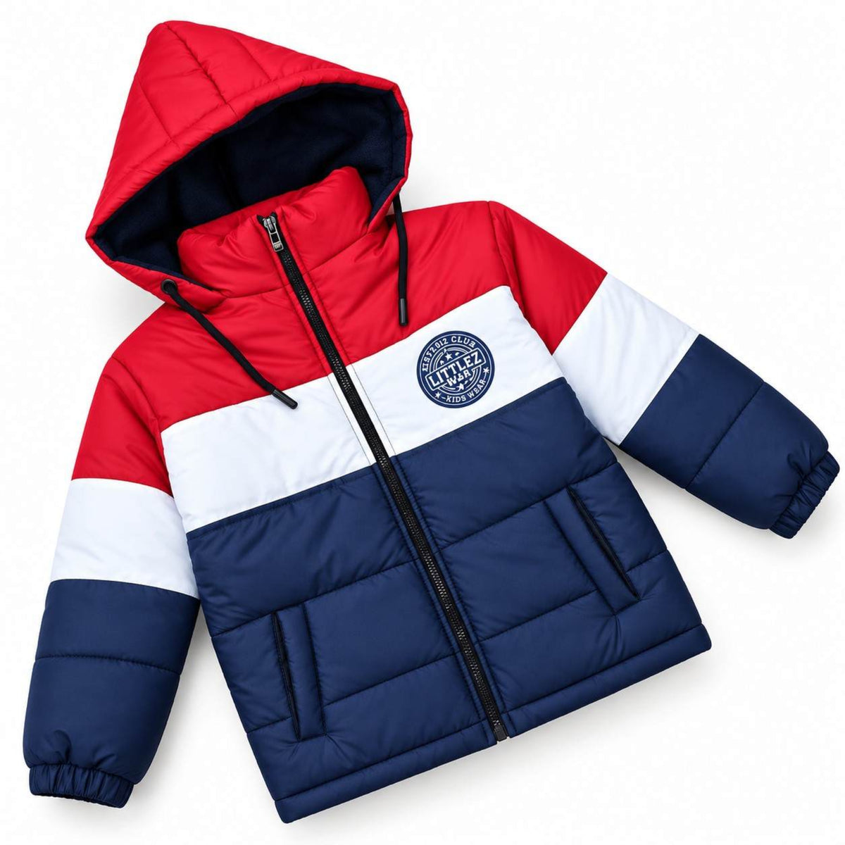 Littlez Club Logo Three Penal Full Sleeve Puffer Jacket - Red White & Blue