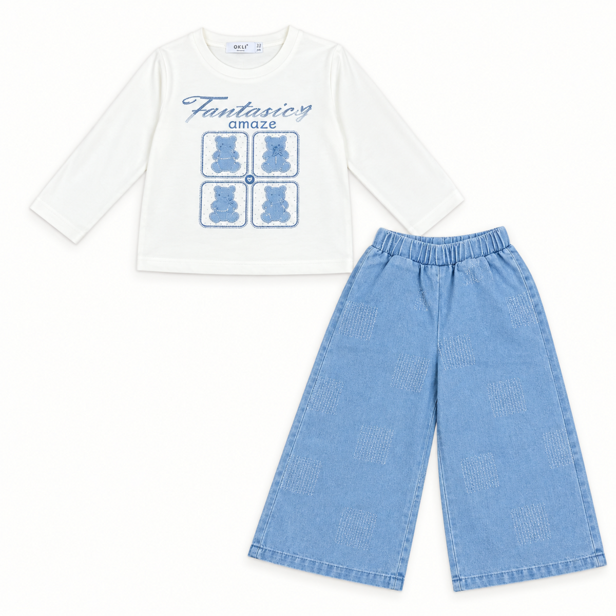 Logo Four Bear Printed Long Sleeve Top & Wide Leg Pant - Skin & Blue