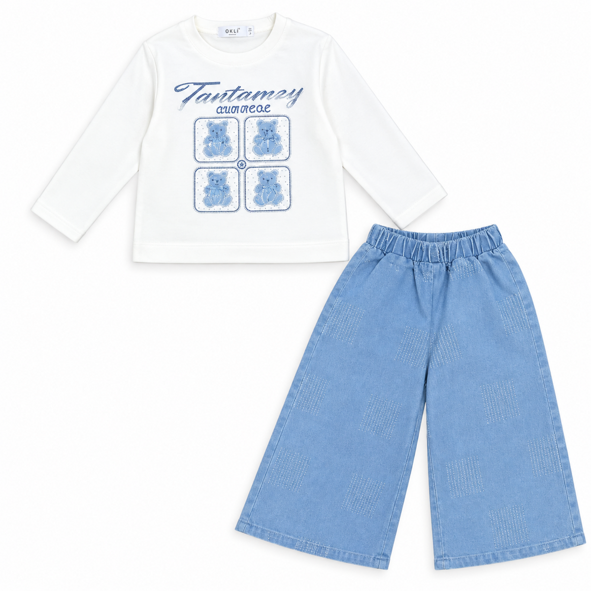 Logo Four Bear Printed Long Sleeve Top & Wide Leg Pant - Skin & Blue