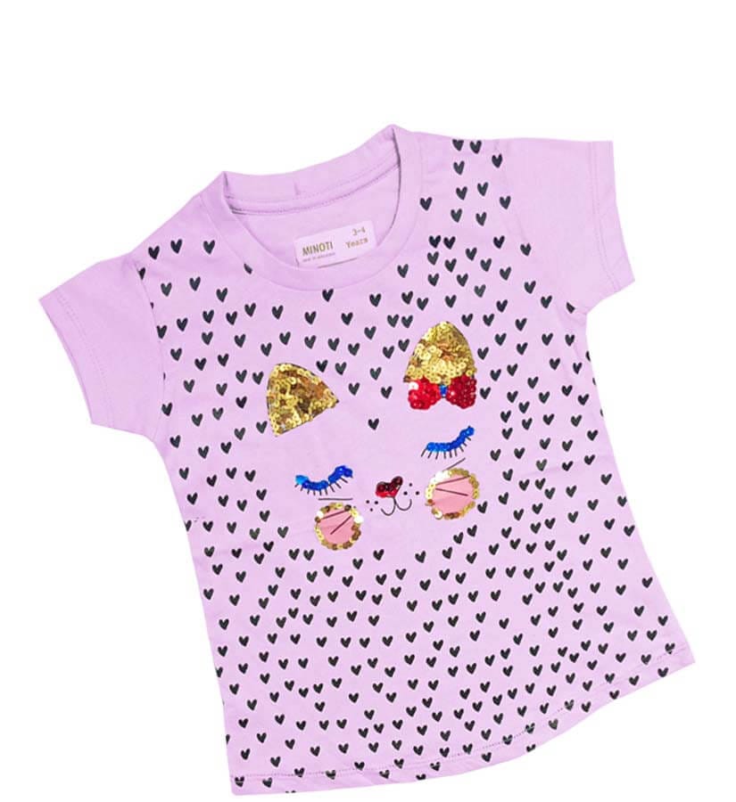 Love Hearts Sequence Cat Tee Shirts For Girls - Light Magenta