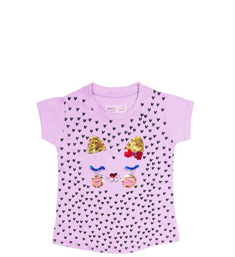 Love Hearts Sequence Cat Tee Shirts For Girls - Light Magenta