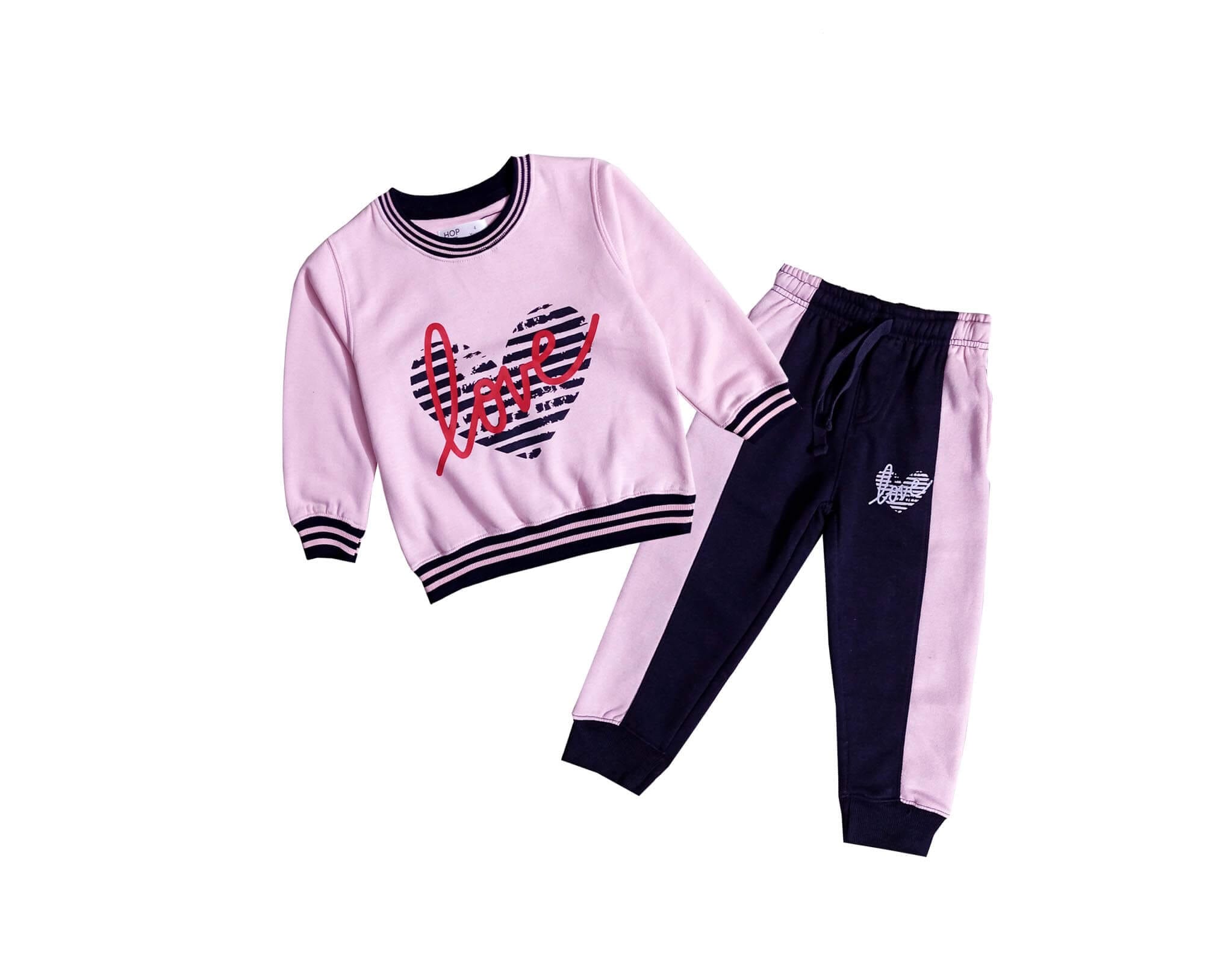 Love Hearts Stylish Fleece Tracksuits - Baby Pink & Black