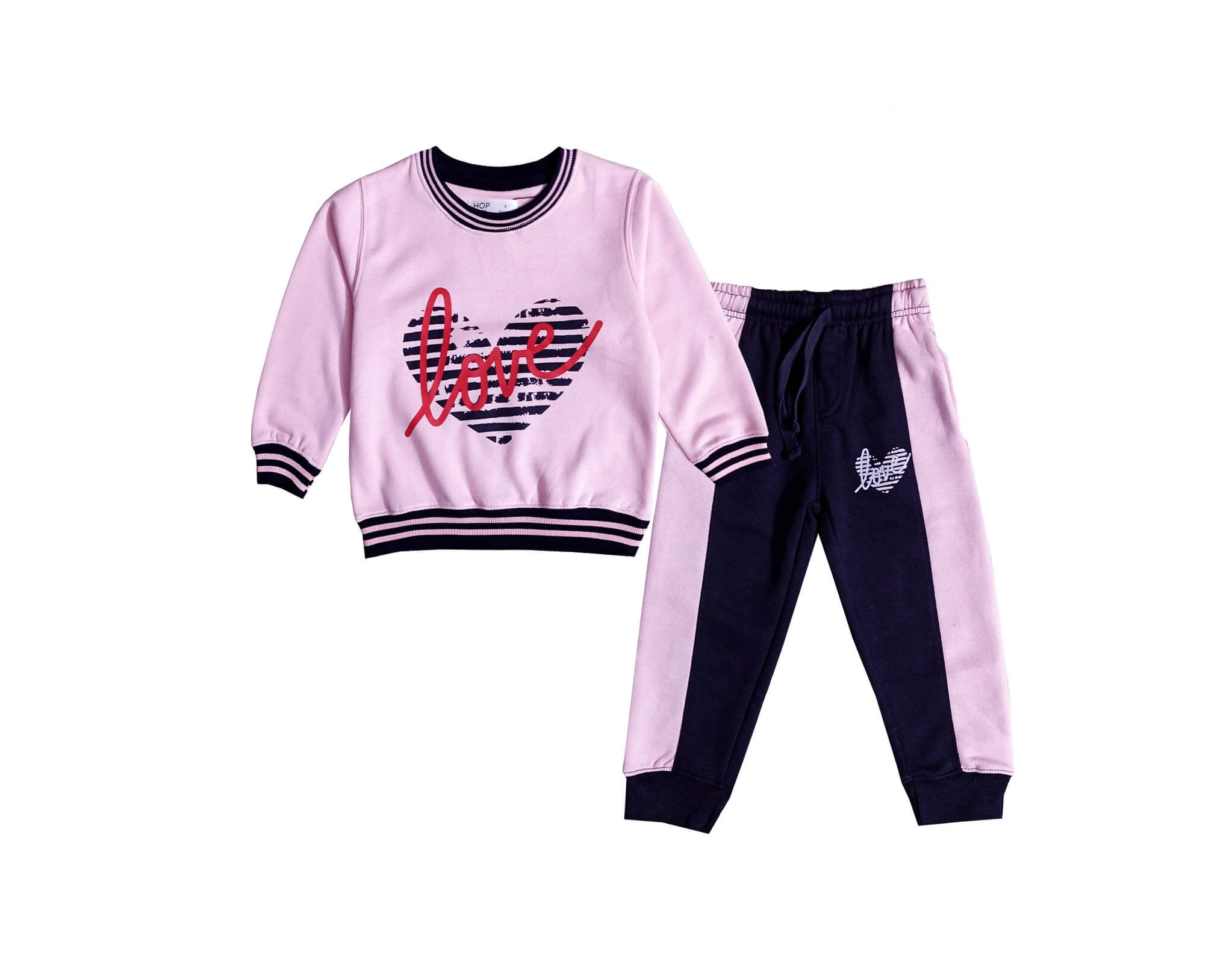 Love Hearts Stylish Fleece Tracksuits - Baby Pink & Black