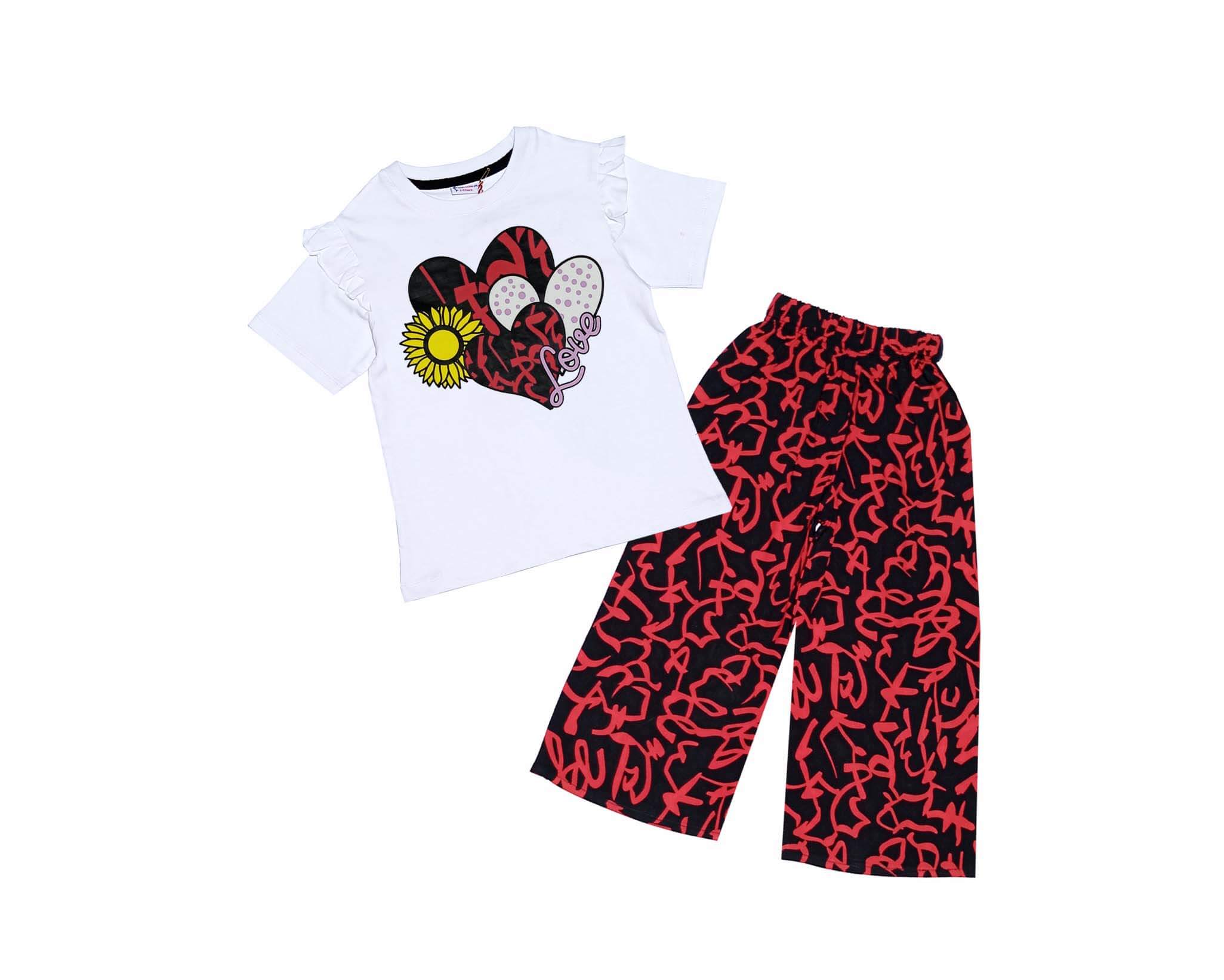Love Hearts & Sunflower Cotton T Shirt with Arabic Lawn Plazzo - White & Black