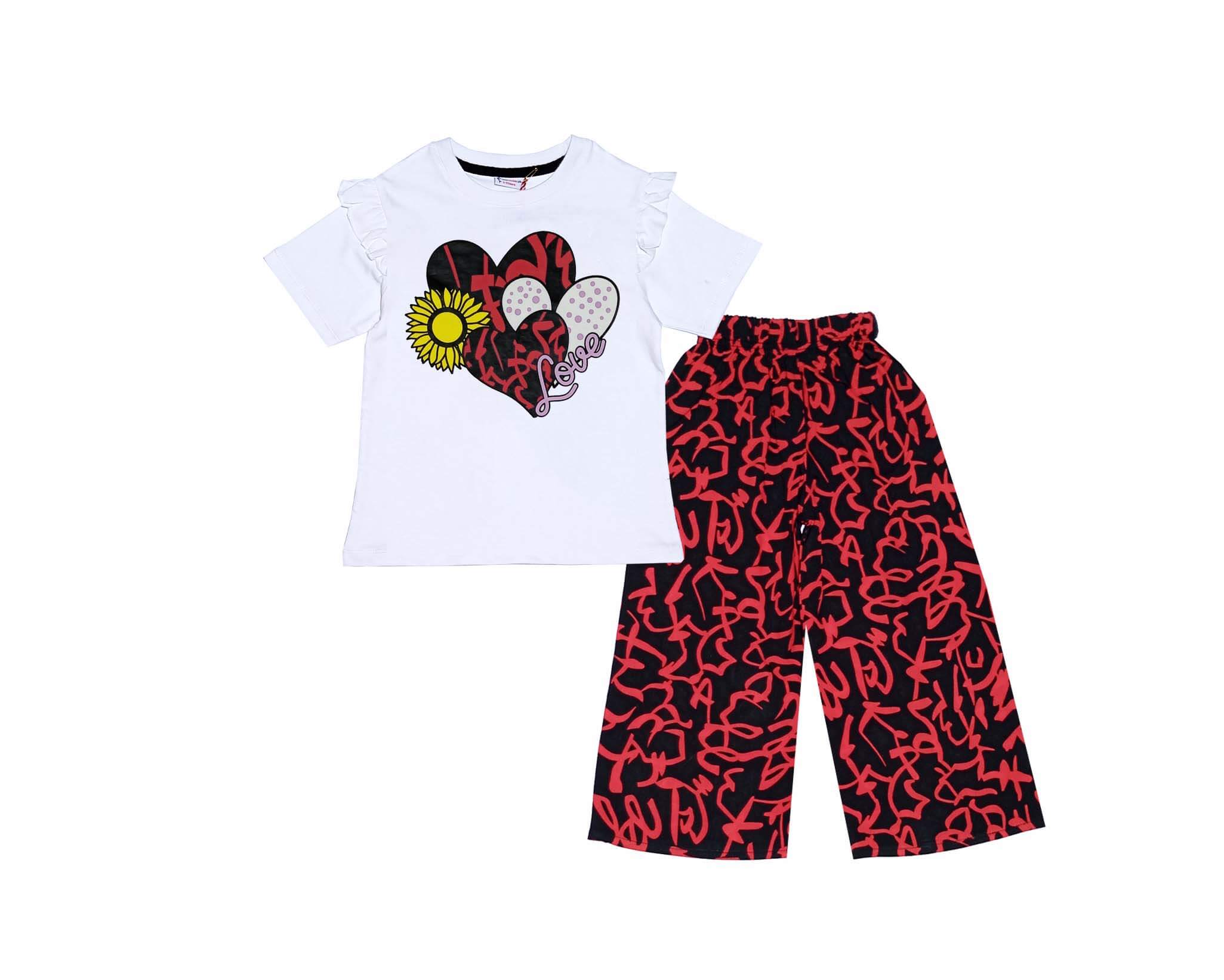 Love Hearts & Sunflower Cotton T Shirt with Arabic Lawn Plazzo - White & Black