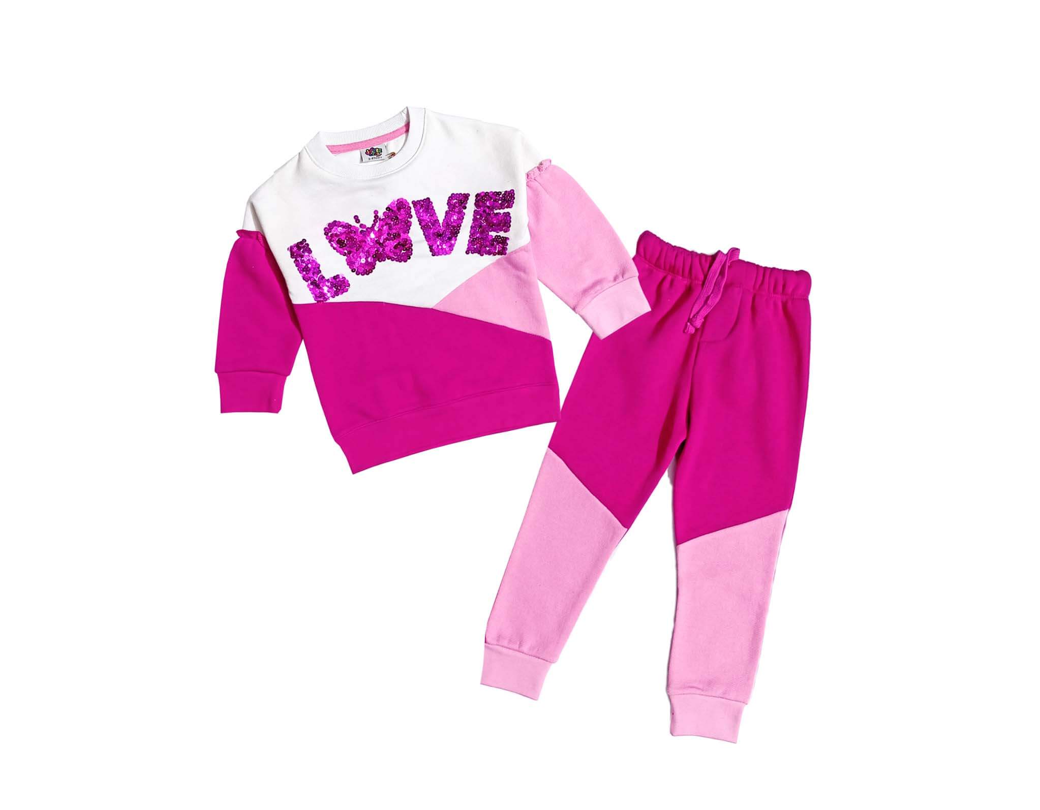 Love Sequin Butterfly Penal Fleece Tracksuit - White &amp; Pink
