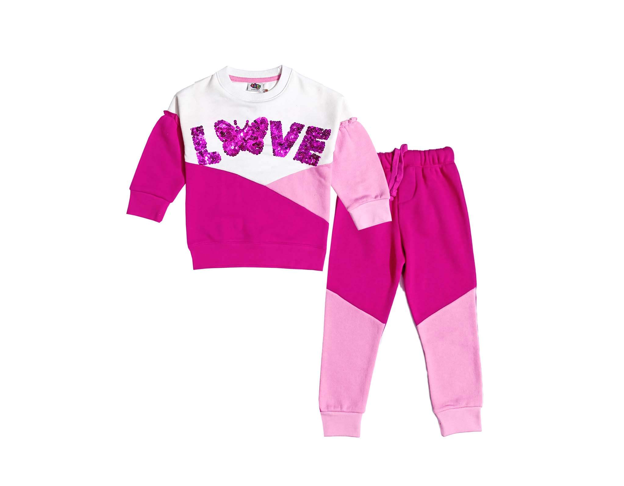 Love Sequin Butterfly Penal Fleece Tracksuit - White &amp; Pink