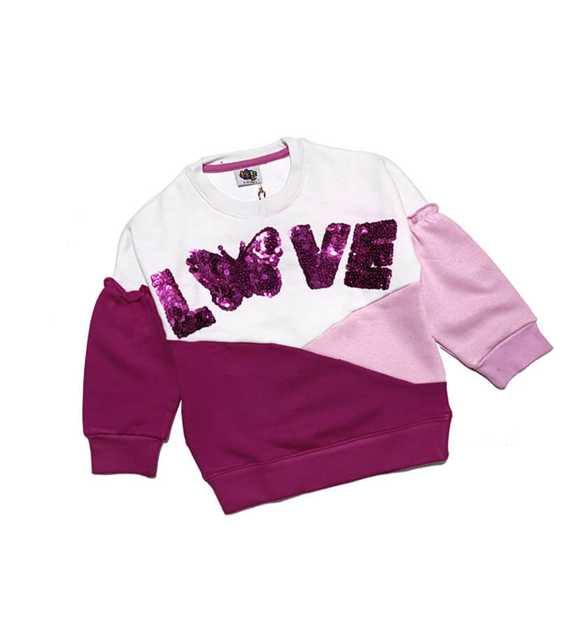 Love Sequins Three Penal Baggy Sleeves Sweatshirt -White Pink