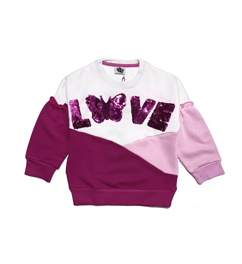 Love Sequins Three Penal Baggy Sleeves Sweatshirt -White Pink