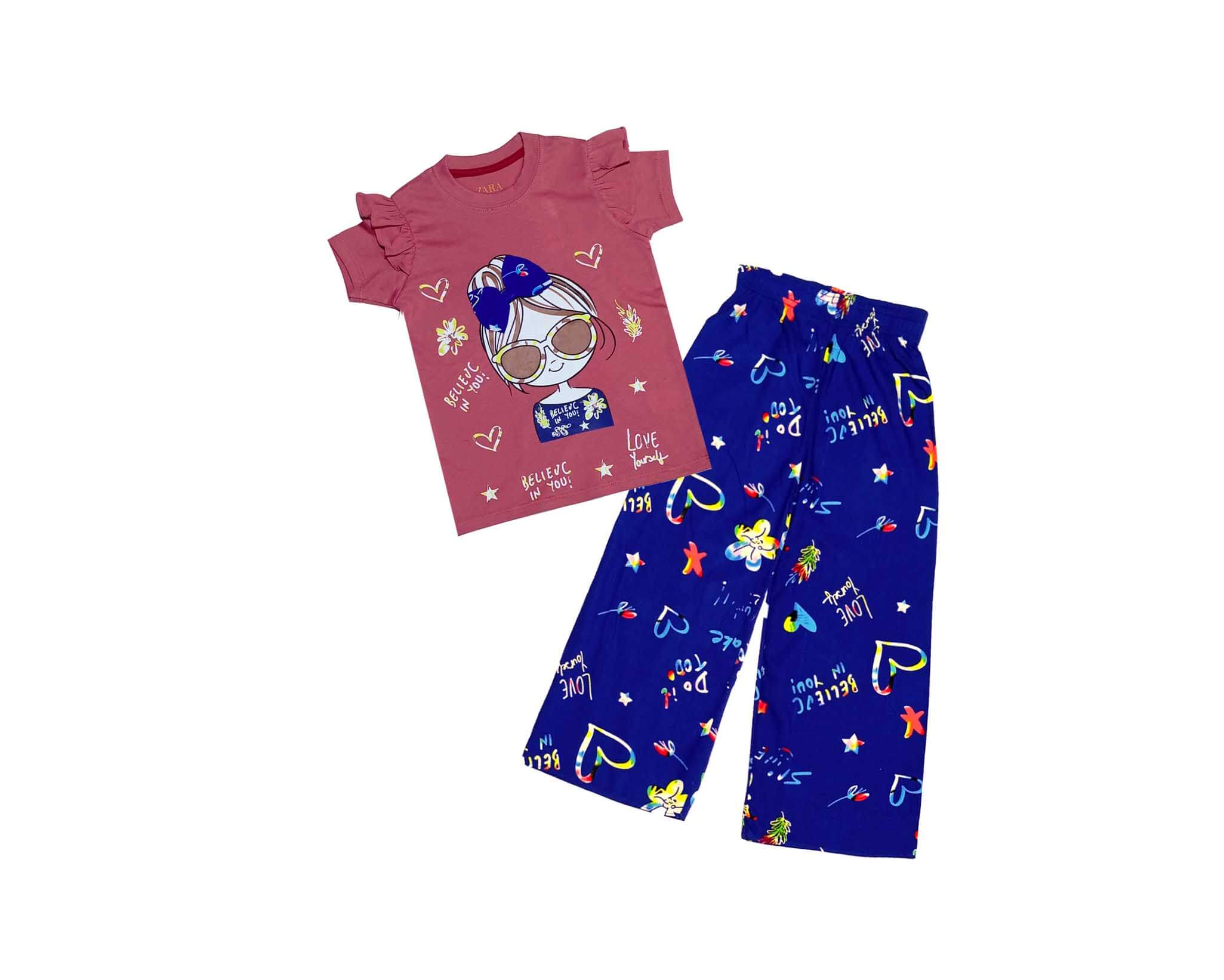 Love Your Self Frill Tee with arabic lawn Plazzo - Rose Pink & Royal Blue