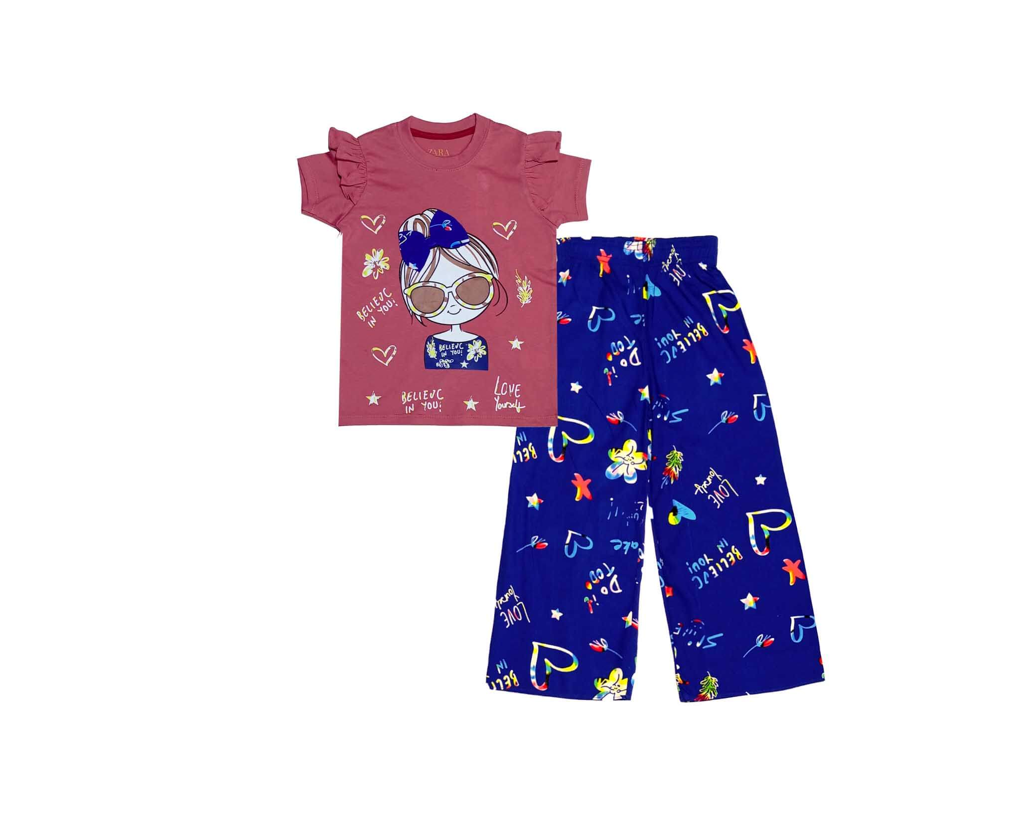 Love Your Self Frill Tee with arabic lawn Plazzo - Rose Pink & Royal Blue