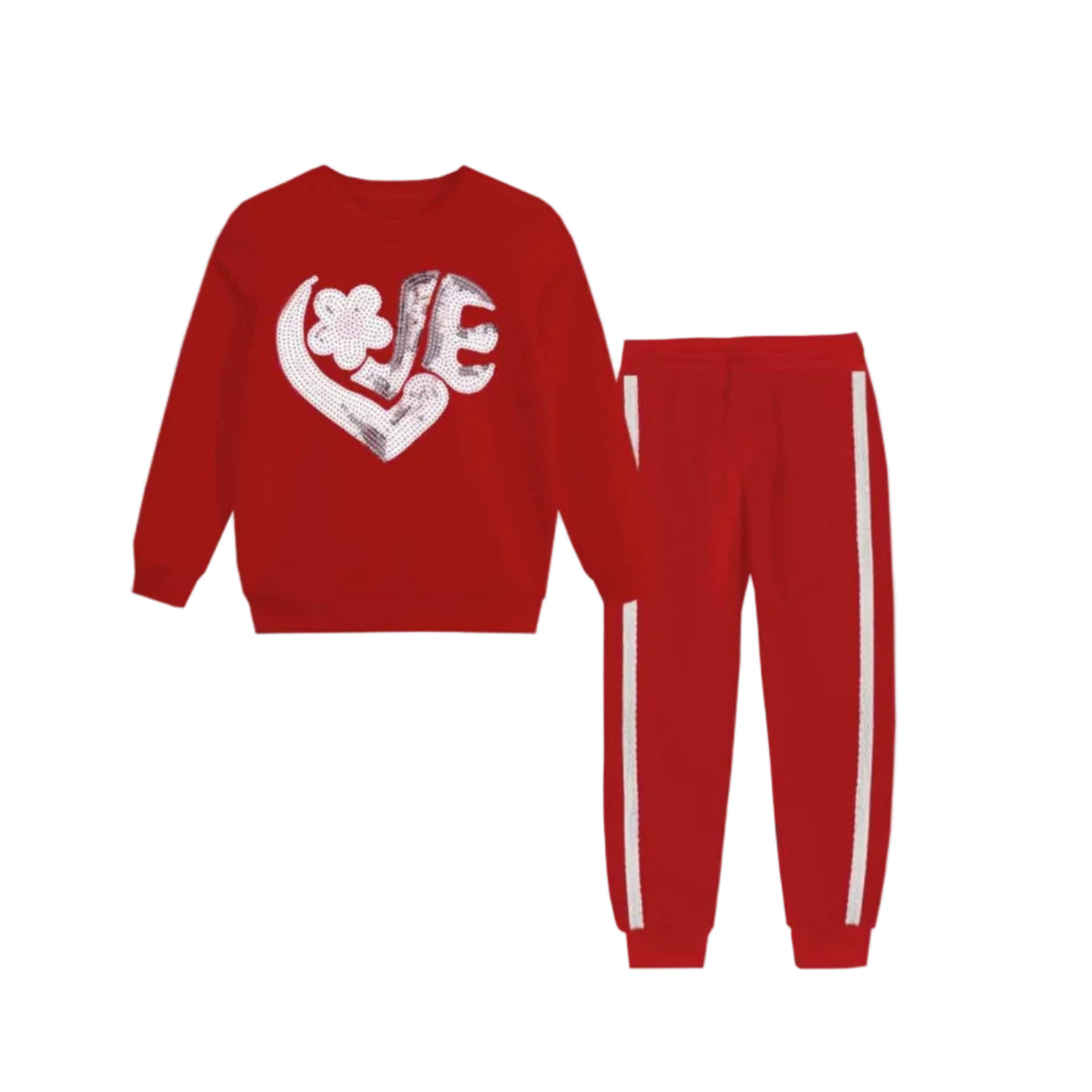 Love Silver Sequin Fleece Tracksuit - Red 