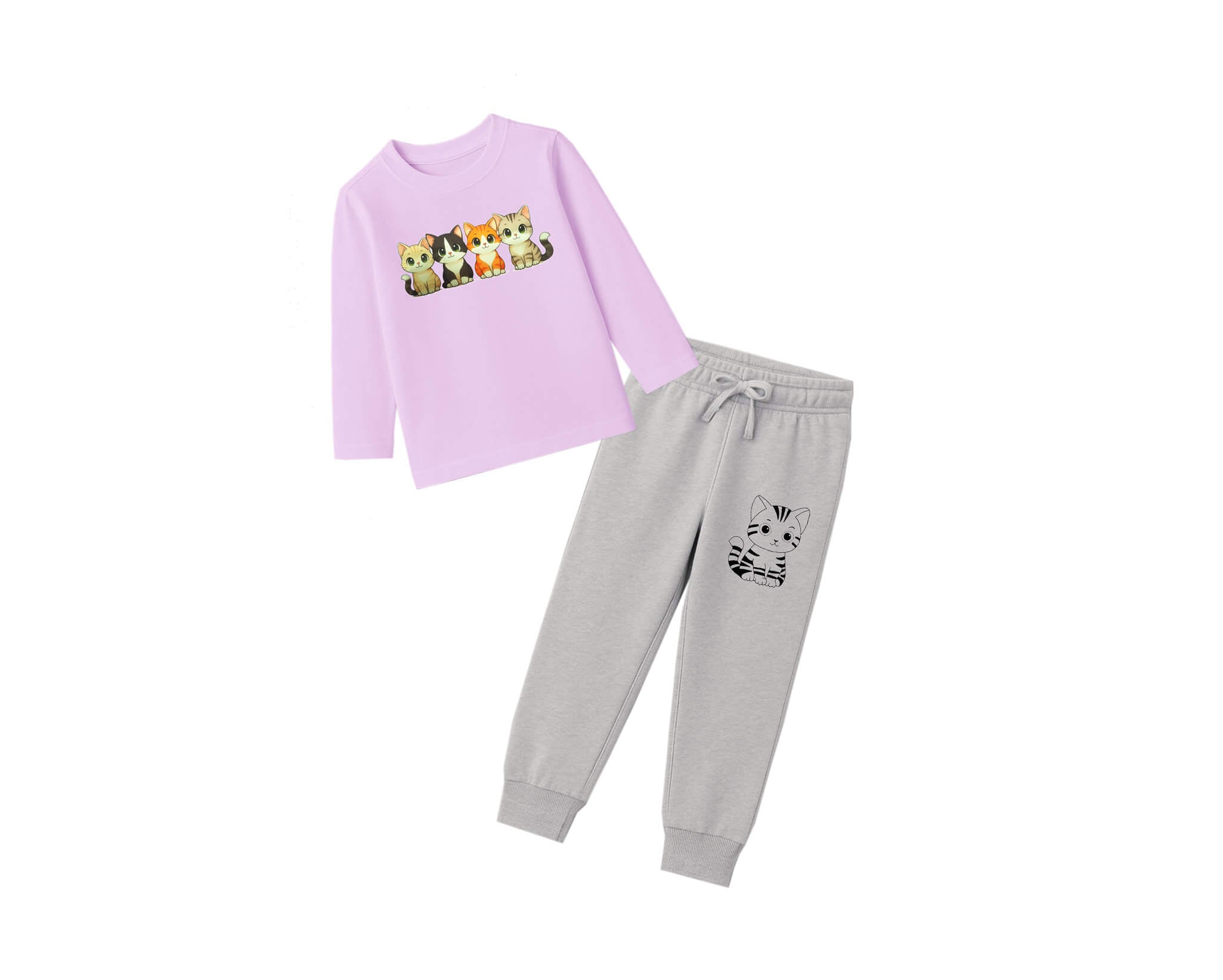 Lovely Cats Cotton Jercey Full Sleeves Tee &amp; Trouser -SoftPurple &amp; Heather Grey
