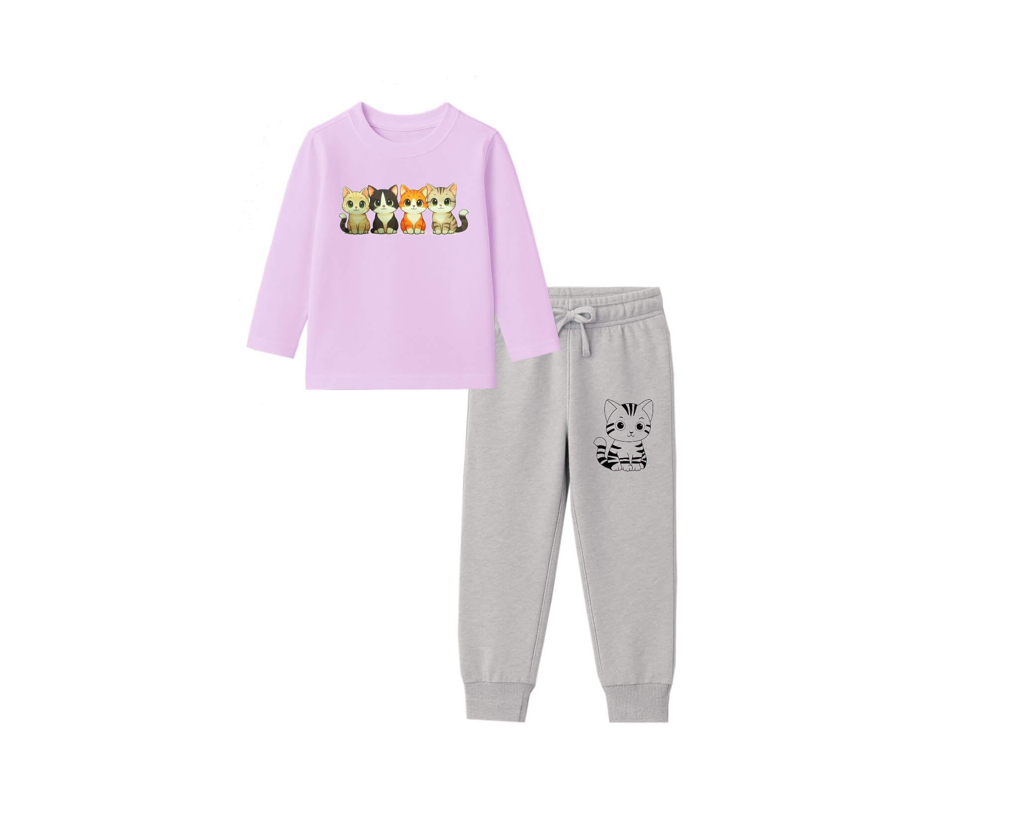 Lovely Cats Cotton Jercey Full Sleeves Tee &amp; Trouser -SoftPurple &amp; Heather Grey