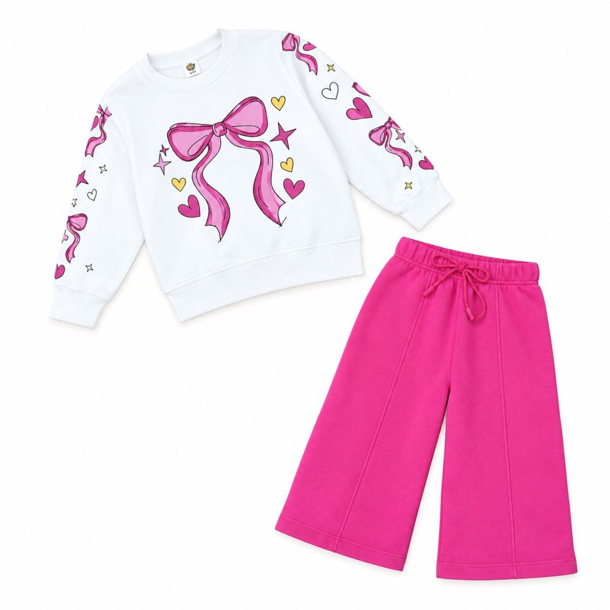 Lovely Bow Pink Fleece Sweat with Flare Trouser  - Off White & Pink
