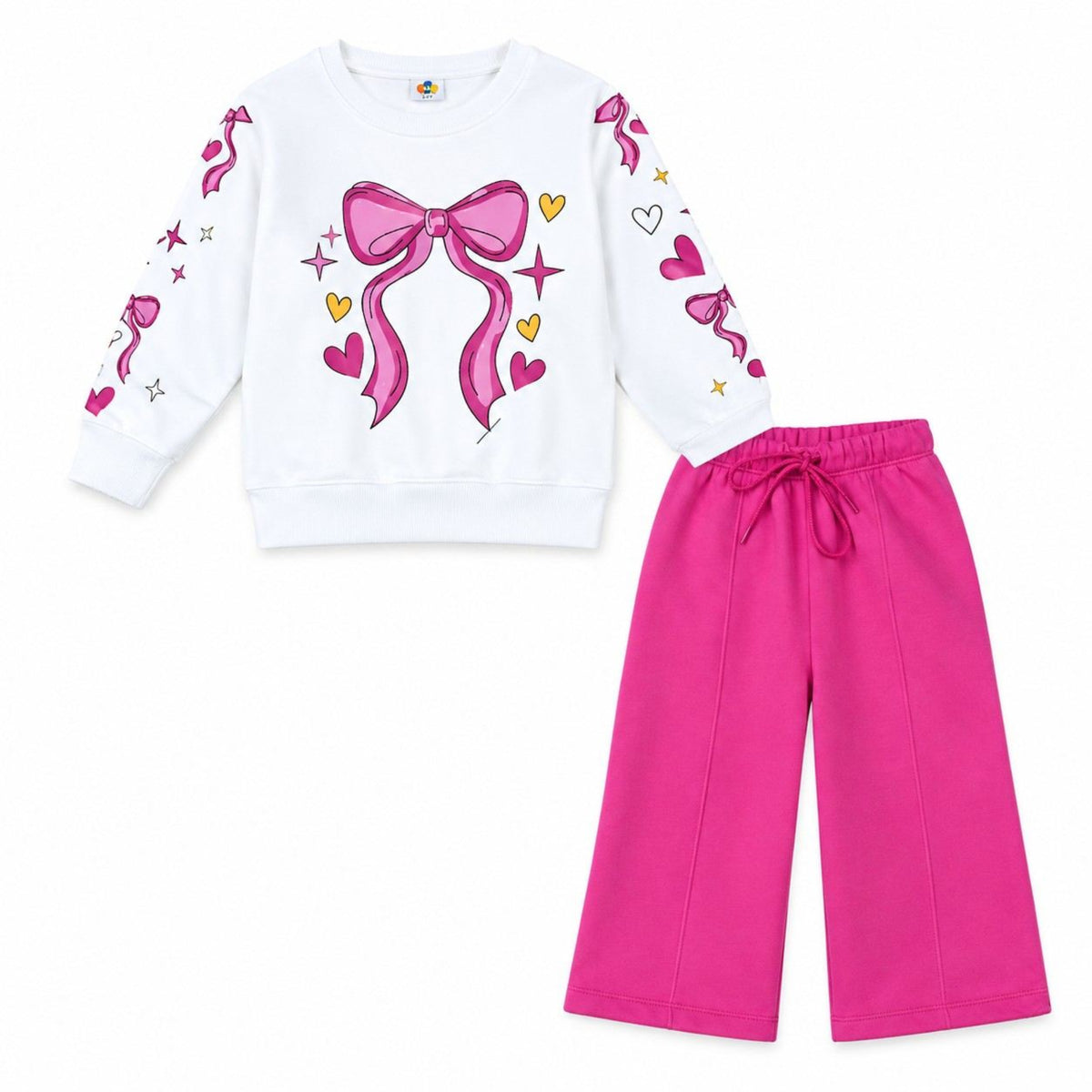 Lovely Bow Pink Fleece Sweat with Flare Trouser  - Off White & Pink