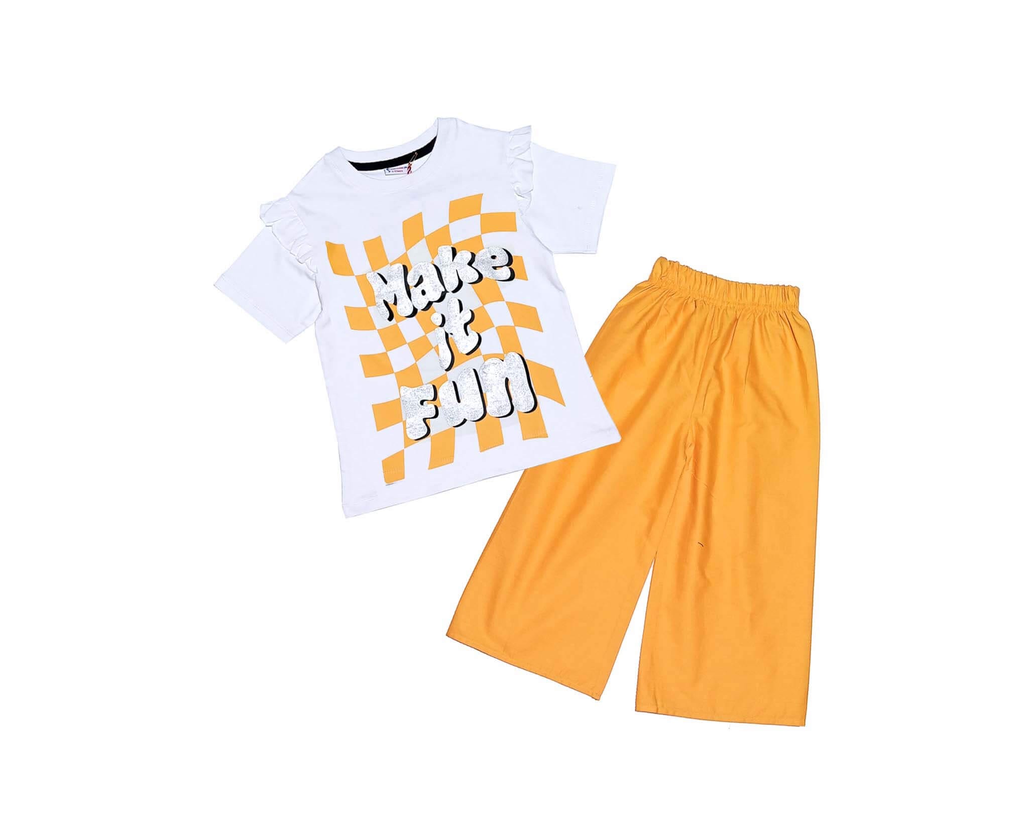 Make It Fun Frill Tee Shirt & Plazzo - White & Mustard