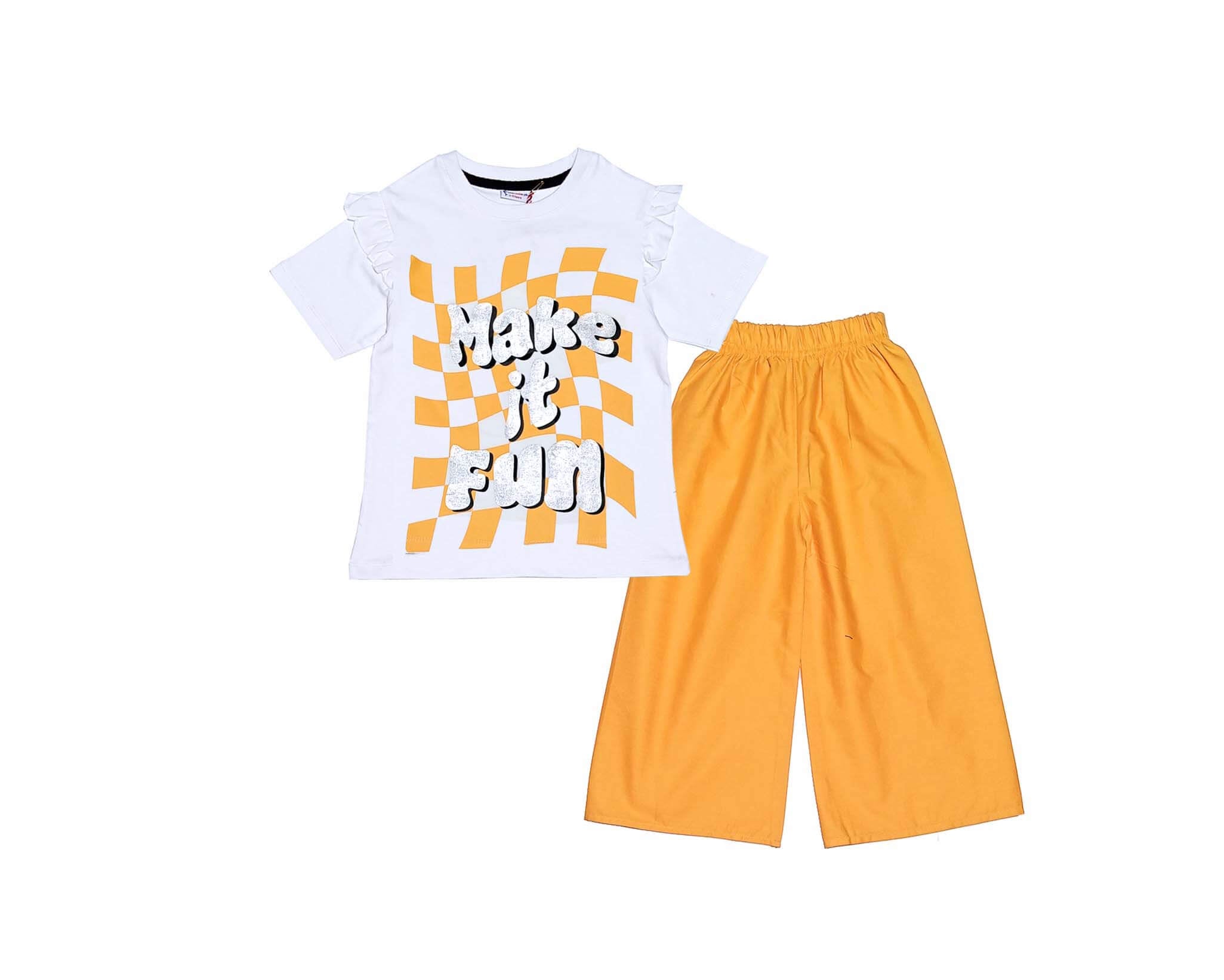 Make It Fun Frill Tee Shirt & Plazzo - White & Mustard