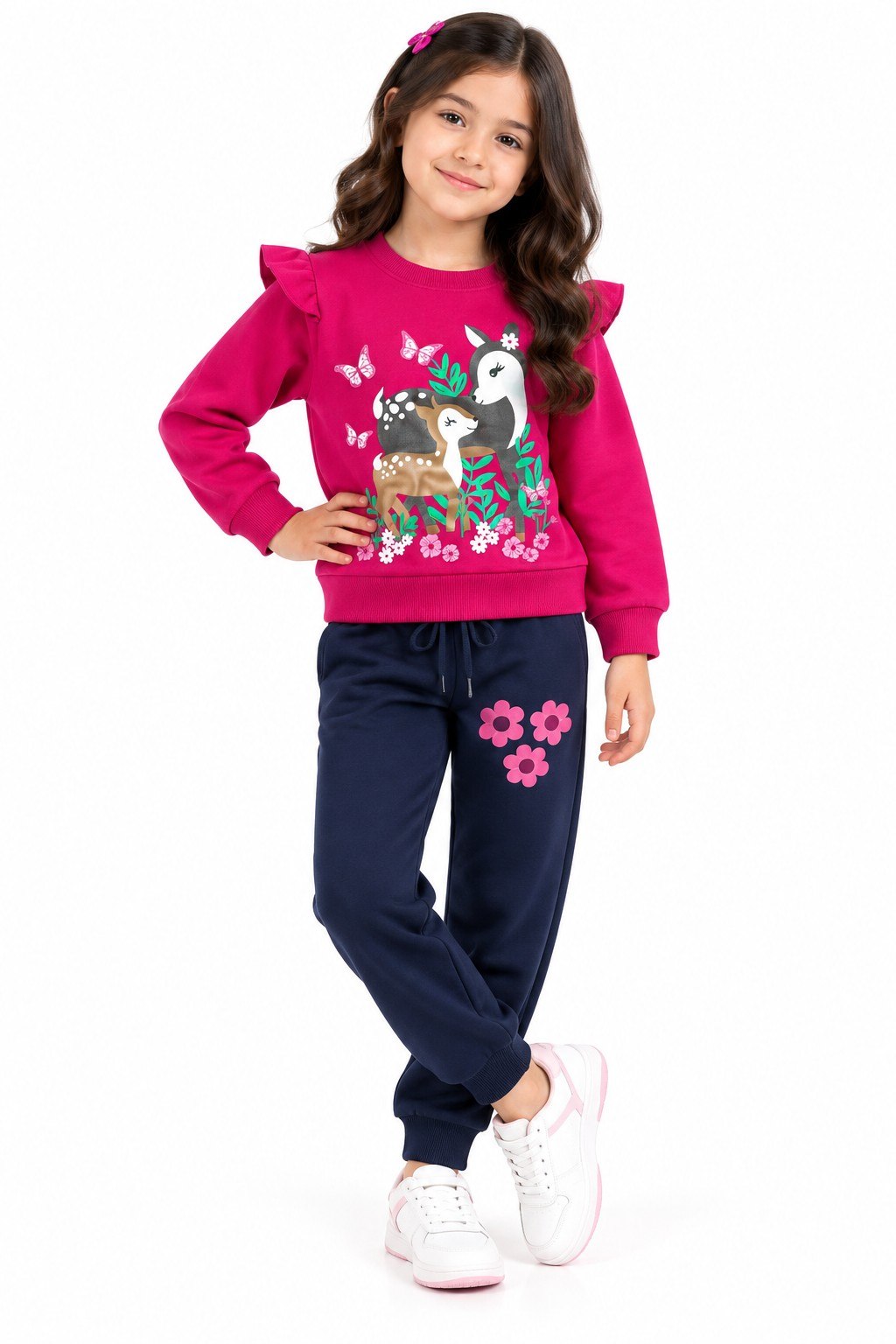Cute Deer World Frill Fleece Tracksuit -Shocking Pink & Navy Blue