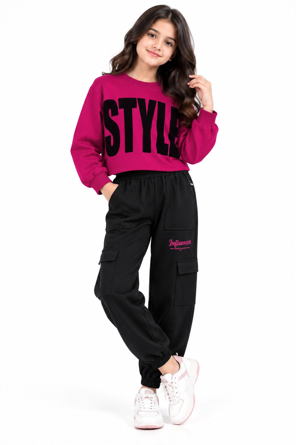 Influncer Style Short SweatShirt &amp; Pockets Style Trouser - Shocking Pink &amp; Black