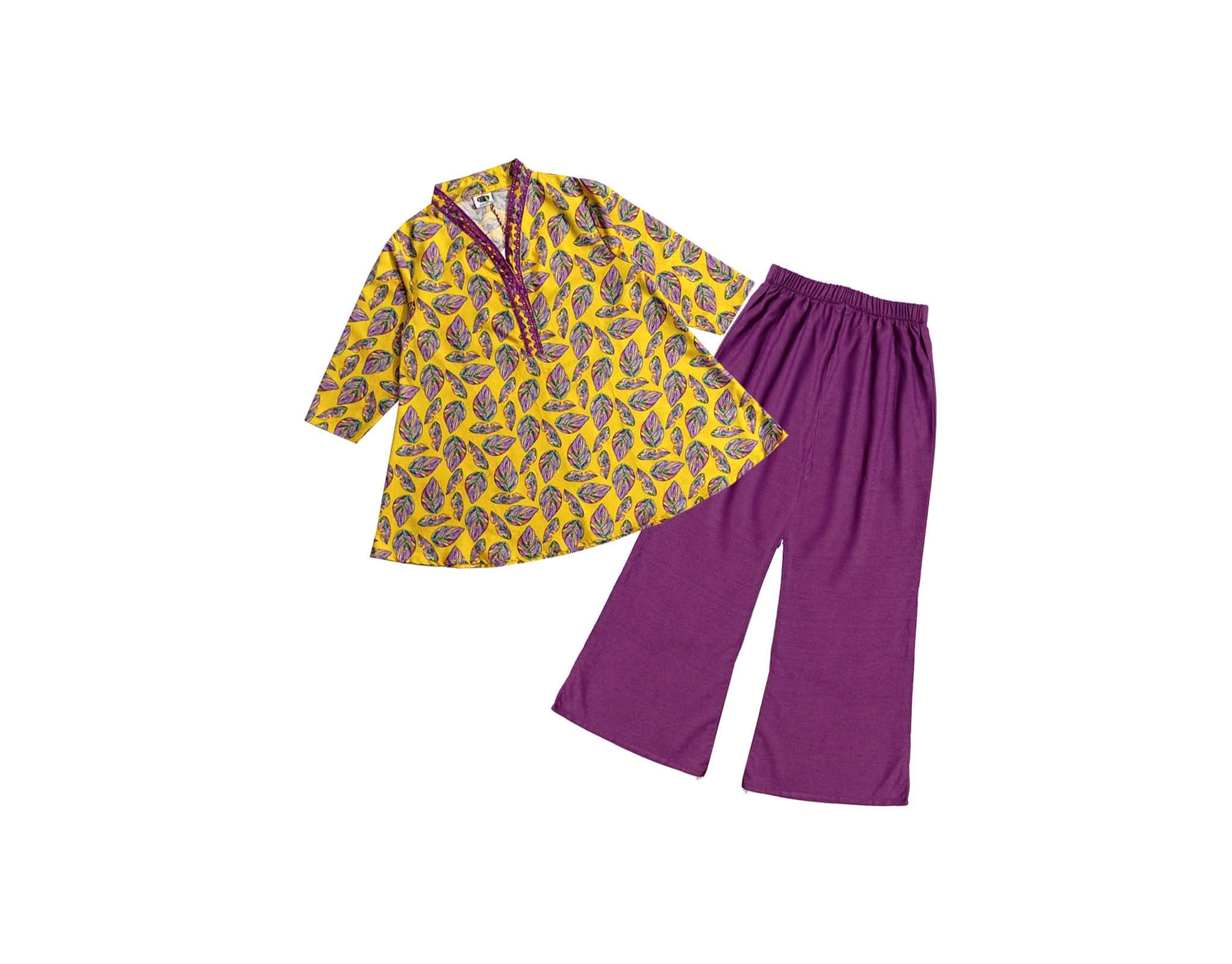 Magic Leaf Short Flair Viscose Linen Frock &amp; Flapper Trouser - Mustard &amp; Purple