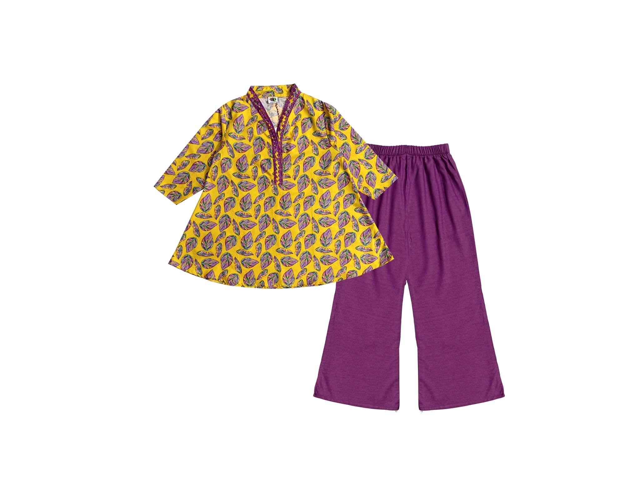 Magic Leaf Short Flair Viscose Linen Frock &amp; Flapper Trouser - Mustard &amp; Purple