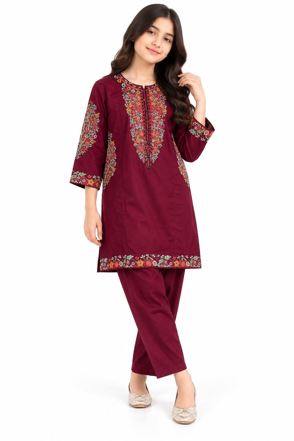 Classic Floral Embroiderd khaddar Kameez with Trouser - Maroon