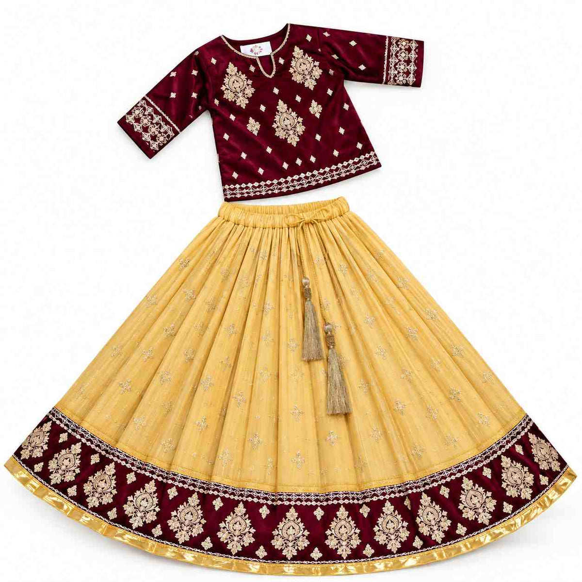 Traditional Golden Embroidered Top & Lehenga - Golden & Maroon