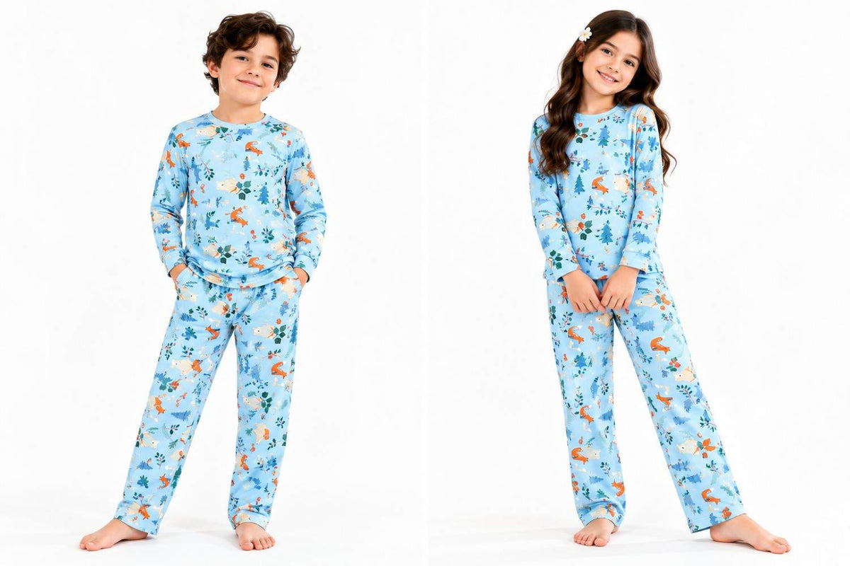  Animal Printed Full Sleeve Cotton Night Suit - Sky Blue