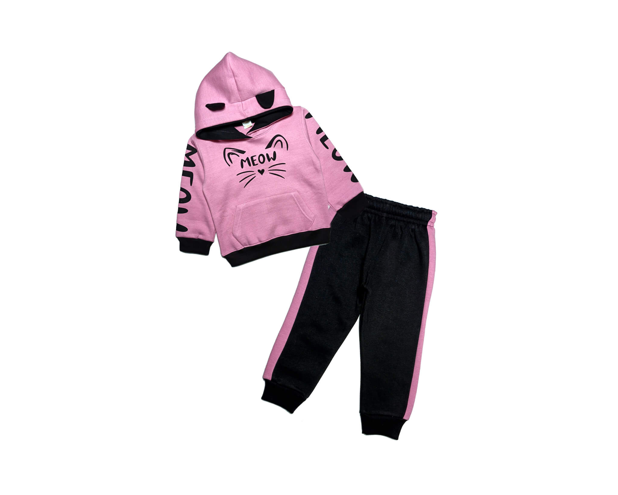 Meow with Ear Fleece Hoodie Tracksuit - Baby Pink &amp; Black