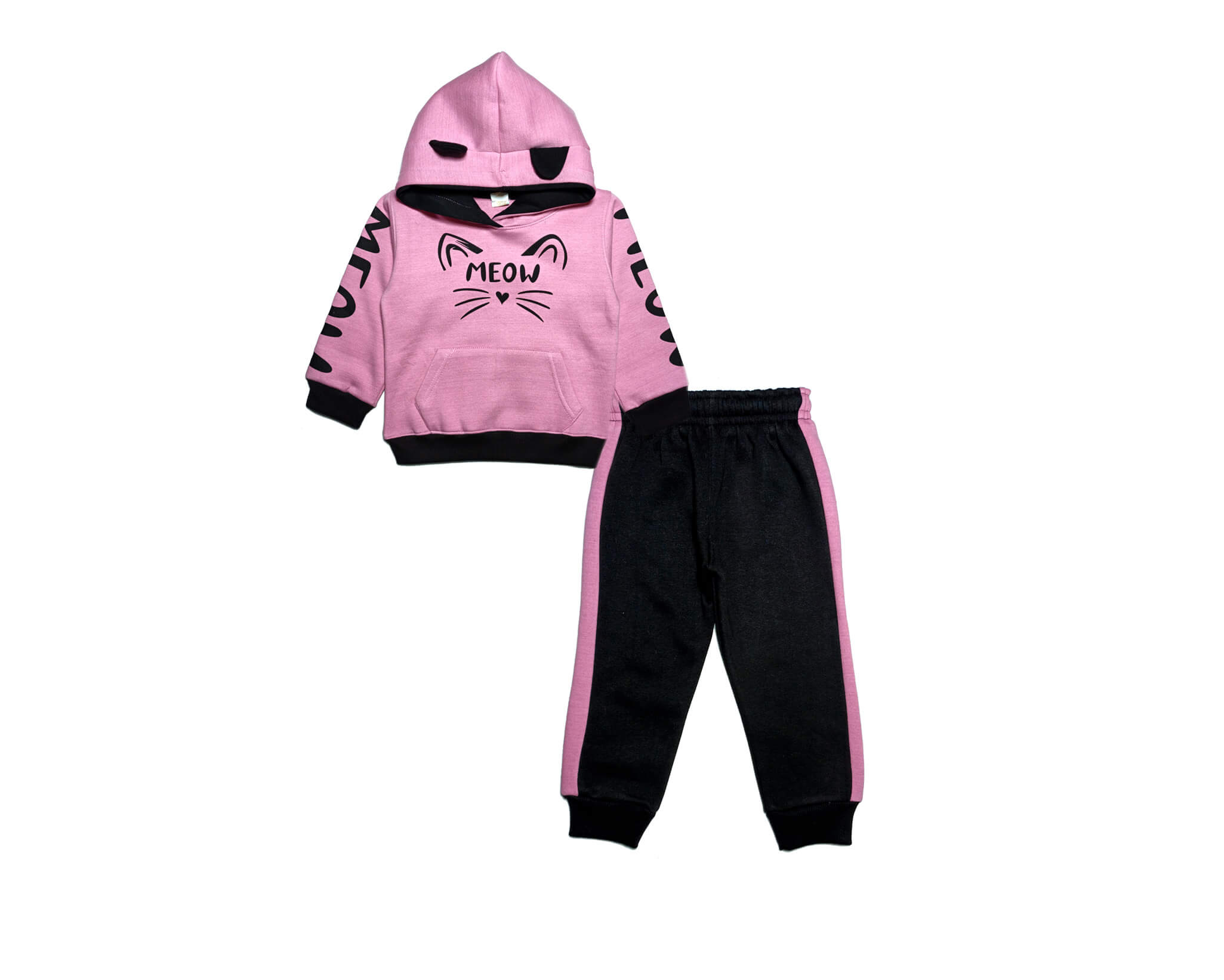 Meow with Ear Fleece Hoodie Tracksuit - Baby Pink &amp; Black