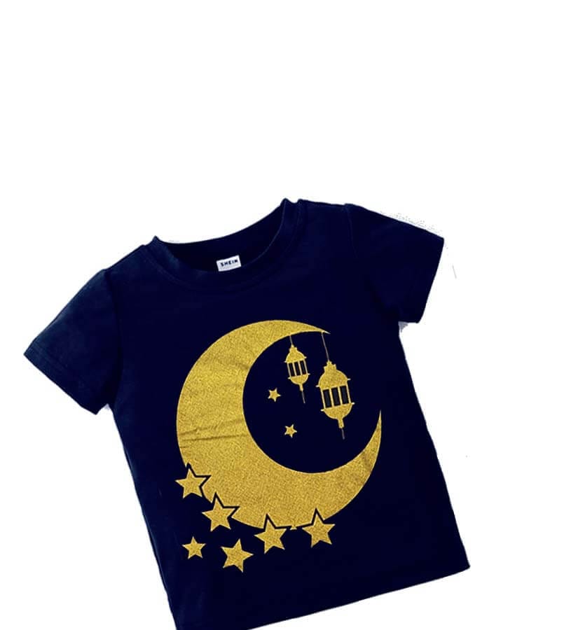 Mettalic Golden  Moon Tee Shirt - Navy Blue