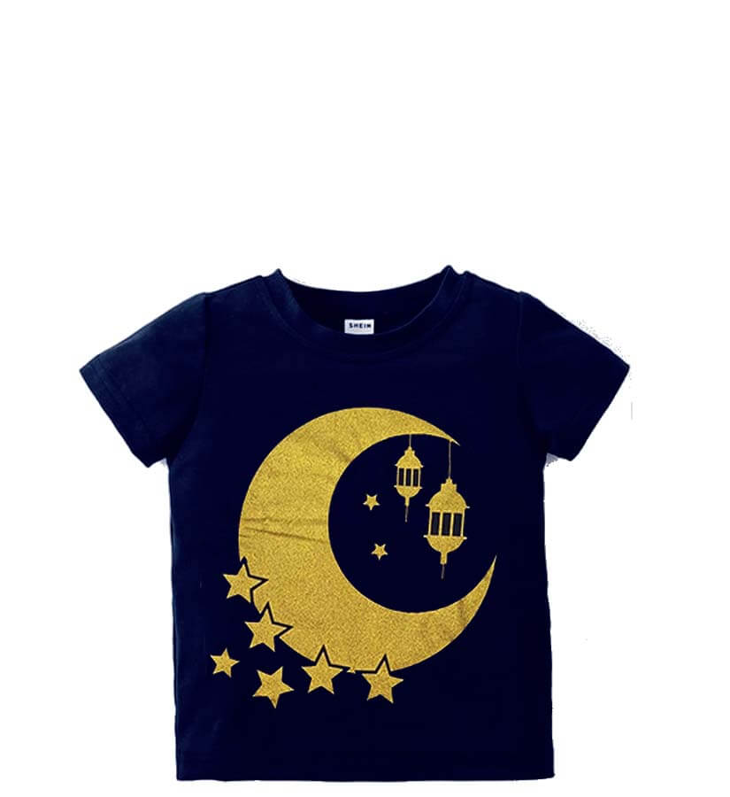 Mettalic Golden  Moon Tee Shirt - Navy Blue